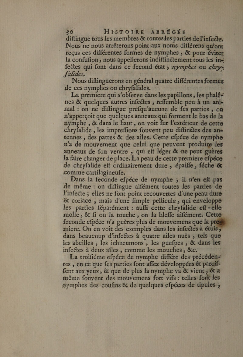 diftingue tous les membres ôc toutes les parties derinfeéle- Nous ne nous arrêterons point aux noms difFérens qu’ont reçus ces différentes formes de nymphes > & pour éviter la confufion, nous appellerons indiftinêlement tous les in*- feêles qui font dans ce fécond état, nymphes ou chry* Jalldes, Nous diftinguerons en général quatre différentes formes de ces nymphes ou chryfalides. La première qui s’obferve dans les papillons, les phalê* nés ôc quelques autres infeêtes y reffemble peu à un ani¬ mal : on ne diftingue prefqu’aucune de fes parties y oa ffapperçoit que quelques anneaux qui forment le bas de la nymphe y ôc dans le haut y on voit fur l’extérieur de cette chryialide y les impreftions fouvent peu diftinôles des an¬ tennes , des pattes ôc des ailes. Cette efpéce de nymphe n’a de mouvement que celui que peuvent produii;e les anneaux de fon ventre y qui eft léger ôc ne peut guères la faire changer de place. La peau de cette première efpécc de chryfalide eft ordinairement dure y épaiffe^ féche ôc comme carcilagineufe. Dans la fécondé efpéce de nymphe j il n’en eft pas de même : on diftingue aifément toutes les parties de l’infede ; elles ne font point recouvertes d’une peau dure ôc coriace , mais d’une fimple pellicule y qui enveloppe les parties féparément : aulli cette chryfalide eft-elle molle, ôc fi on la touche y on la bleffe aifément. Cette fécondé efpéce n’a guères plus de mouvemens que la pr^j^ miere. On en voit des exemples dans les infeêles à étuis , dans beaucoup d’infeêtes à quatre ailes nuës , tels que les abeilles , les ichneumons , les guefpes y ôc dans les infeêtes à deux ailes y comme les mouches, ôcc. La troilîéme efpéce de nymphe diffère des précéden¬ tes , en ce que fes parties font affez développées ôc paroif- fent aux yeux ^ ôc que de plus la nymphe va ôc vient ^ ôc a même fouvent des mouvemens fort vifs : telles for?t les nymphes des çoufins & de quelques efpéces de tipules ^