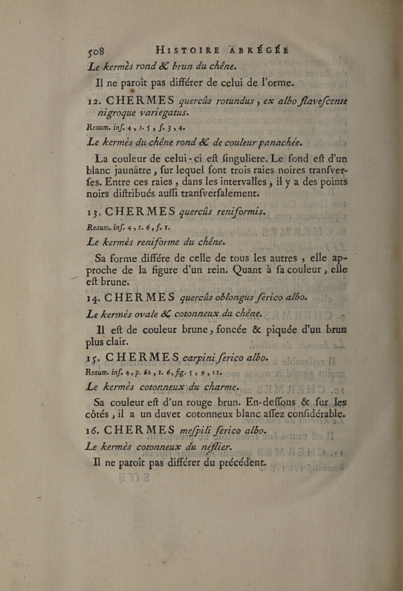 ^o8 Histoire à b r ï g iê e Le kermès rond SC brun du chêne. Il ne paroît pas différer de celui de l’orme. « 12. CHERMES quercâs rotundus j ex alboJlavefcente nigroque variegatus, Keaum, inf. 4 > f* î > /• 3 » 4. Le kermès du chêne rond SC de couleur -panachée, » La couleur de celui-ci eft linguliere. Le fond efl d’un blanc jaunâtre , fur lequel font trois raies noires tranfver- fes. Entre ces raies , dans les intervalles , il y a des points noirs diftribués aufli tranfverfalement. 13. CHERMES quercâs reniformis, Reaum, inf. 4, f. é,/. r. / Le kermès reniforme du chêne. Sa forme diffère de celle de tous les autres j elle ap¬ proche de la figure d’un rein. Quant à fa couleur ^ elle eft brune. 14. CHERMES quercâs oblongus Jerico albo. Le kermès ovale SC cotonneux du chêne. Il eft de couleur brune, foncée & piquée d’un brun plus clair. 13. CHERMES carpini ferico albo, Reaum. inf, 4,p.. , t. j , 9,11. Le kermès cotonneux-^du charme, r . -V. ft./. Sa couleur eft d’un rouge brun. En-defTous & fur^ les côtés J il a un duvet cotonneux blanc affez confidérable. lé. CHERMES mefpili Jerico albo, • '' ' ’ Le kermès cotonneux du néflier. Il ne paroît pas différer du précédent. t ■ ^ ' ' . ? T