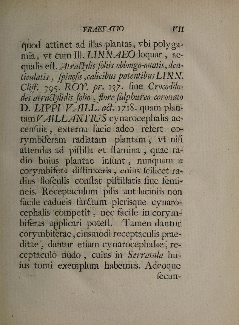 quod attinet ad illas plantas, vbi polyga- mia, vt cum 111. LINNAEO loquar , ae¬ qualis eft. Atradylis foliis oblongo-ouatis, den¬ ticulatis , Jpino/ts, calicibus patentibus LINN. Cliff. 395. ROT. pr. 137. fine Crocodilo- des atradylidis folio , flore fulphureo coronato D. LIPPI VA1LL. ad. 171%. quam plan¬ tam VA1LLANT1US cynarocephalis ac- cendiit, externa facie adeo refert co¬ rymbiferam radiatam plantam, vt nili attendas ad pifiilla et flamina , quae ra¬ dio huius plantae infimt, nunquam a corymbifera diftinxcris, cuius fcilicet ra¬ dius flofeulis confiat pifiillatis fiue femi¬ neis. Receptaculum pilis aut laciniis non facile caducis farftum plerisque cynaro¬ cephalis competit, nec facile in corym¬ biferas applicari poteft. Tamen dantur corymbiferae, eiusmodi receptaculis prae¬ ditae , dantur etiam cynarocephalae, re¬ ceptaculo nudo, cuius in Serratula hu¬ ius tomi exemplum habemus. Adeoque fecun-