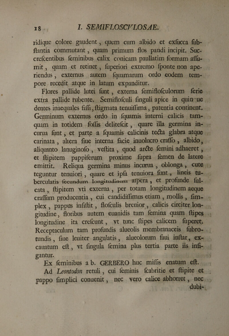 IS ridique colore gaudent, quem cum albido et exfacca ilib- ftantia commutant, quam primum flos pandi incipit. Suc- crefcentibus feminibus calix conicam paullatim formam afiu- mit, quam et retinet, fuperiori extremo (ponte non ape¬ riendus , externus autem Iquamarum ordo eodem tem¬ pore recedit atque in latum expanditur. Flores pallide lutei fiint, externa femiflofculorum ferie extra pallide rubente. Semiflofculi finguli apice in quinque dentes inaequales fidi, ftigmata tenuiflima, patentia continent. Germinum externus ordo in fquamis interni calicis tam¬ quam in totidem foflis delitefcit, quare illa germina in- curua funt, et parte a fquamis calicinis te&a glabra atque carinata , altera flue interna facie inuolucro craflo , albido, aliquanto lanuginofo , veftita , quod arde femini adhaeret, et ftipitem pappiferum proxime fupra femen de latere emittit. Reliqua germina minus incurua , oblonga, cute teguntur tenuiori , quare et jpfa tenuiora fent, lineis tu- berculatis fecundum longitudinem alpera) et profunde fili¬ cata , ftipitem vti externa, per totam longitudinem aeque crafliim producentia , cui candidiflimus etiam , mollis, fim- plex , pappus infiftit, flofculis breuior, calicis circiter lon¬ gitudine , floribus autem euanidis tam femina quam ftipes longitudine ita crefcunt, vt tunc ftipes calicem fuperet. Receptaculum tam profundis alueolis membranaceis fubro- tundis, flue leuiter angulatis, alueolorum feui inftar, ex- cauatum eft, vt fingula femina plus tertia parte iis infi¬ gantur. Ex feminibus a b. GERBERO huc miflis enatum eft. Ad Leontodon retuli, cui feminis fcabritie et ftipite et pappo fimplici conuenit, nec vero calice abhorret, nec dubi-