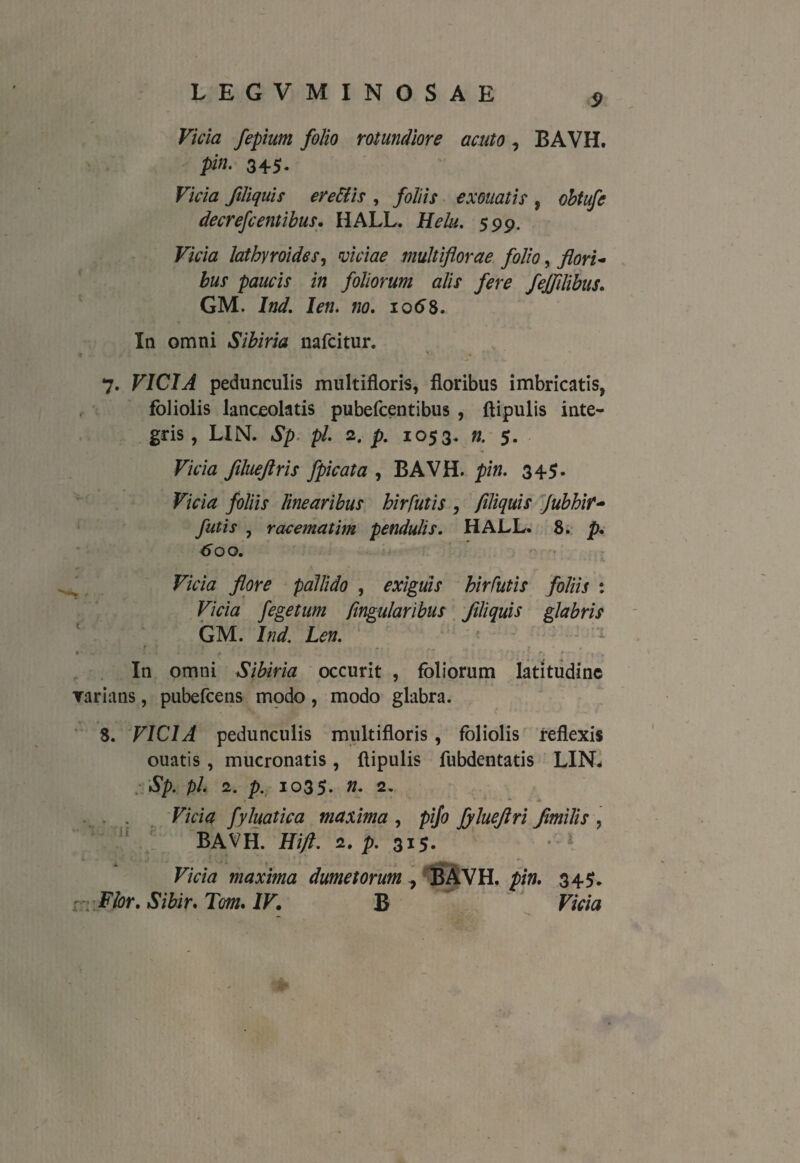 Vicia fepium folio rotundiore acuto, BAVH.  pin- 345* Vicia filiquis erettis , foliis exouatis f obtufe decrefcentibus. HALL. Helu. 599. Vicia lathyroides, viciae multiflorae folio, flori¬ bus paucis in foliorum alis fere fejfllibus. GM. Ind. Ien. no. 10 <5 8. In omni Sibiria liafcitur. « * 7. VICIA pedunculis multifloris, floribus imbricatis, foliolis lanceolatis pubefcentibus , ftipulis inte¬ gris, LIN. Sp pl 2. p. 1053. n. 5. Vicia filueftris fpicata , BAVH. pin. 345. Vicia foliis linearibus hirfutis , filiquis Jubhir- futis , racematim pendulis. HALL. 8. p. 60 Q. F/V/a flore pallido , exiguis hirfutis foliis : F/Vw fegetum lingularibus filiquis glabris GM. Ind. Len. * f. r * •* ' r \ . f' r . In omni Sibiria occurit , foliorum latitudine varians, pubefcens modo, modo glabra. 8. VICIA pedunculis multifloris , foliolis reflexis ouatis , mucronatis, ftipulis fubdentatis LIN. Sp. pl. 2. p. 1035. n* 2. . . Vicia fyluatica maxima , pifo fylueflri f mi lis , BAVH. Hift. 2. p. 315. Vicia maxima dumetorum , BAVH. pin. 345. rr; Vior. Sibir. Tom. IV. B Vicia