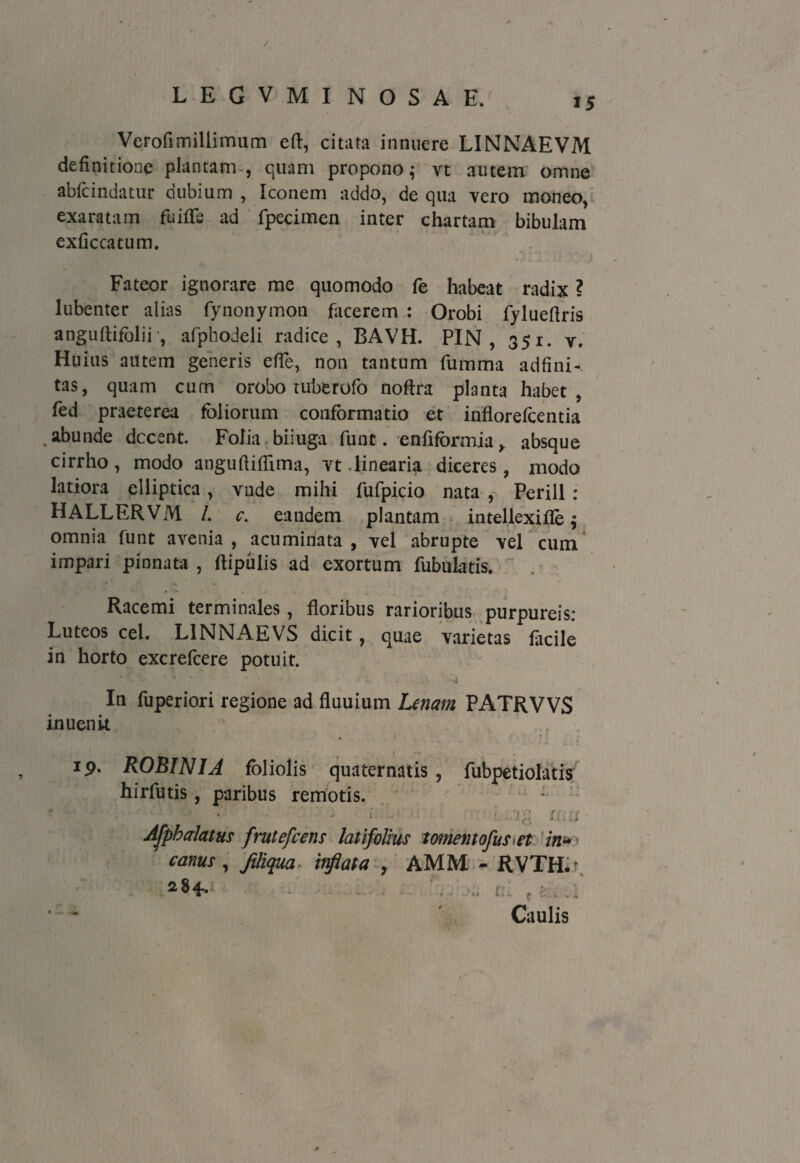 Verofimillimum efl, citata innuere LINNAEVM definitione plantam , quam propono; vt autem omne abfcindatur dubium , Iconem addo, de qua vero moneo, exaratam fuifle ad fpecimen inter chartam bibulam exficcatum. Fateor ignorare me quomodo fe habeat radix ? lubenter alias fynonymon facerem : Orobi fyluefiris anguftifolii , afphodeli radice, BAVH. PIN , 351. y. Huius autem generis effe, non tantum fumma adfini- tas, quam cum orobo tuberofo noftra planta habet, fed praeterea foliorum conformatio et inflorefcentia abunde decent. Folia biiuga funt. enfiformia, absque cirrho , modo anguftifiima, vt -linearia diceres, modo latiora elliptica , vnde mihi fufpicio nata , Perill : HALLERVM /. c. eandem plantam intellexifle j omnia funt avenia , acuminata , vel abrupte vel cum impari pinnata , ftipulis ad exortum Tubulatis. Racemi terminales, floribus rarioribus purpureis: Luteos cel. LINNAEVS dicit , quae varietas facile in horto excrefcere potuit. In fuperiori regione ad fluuium Linam PATRVVS inuenit ip. ROBINIA foliolis quaternatis , fubpetiolatis hirfutis , paribus remotis. Lb ; n::s AJpb alatus frutefeens latifolius tornent ofus< a in* canus, jiliqua■ inflata , AMM - RVTHir £ Caulis