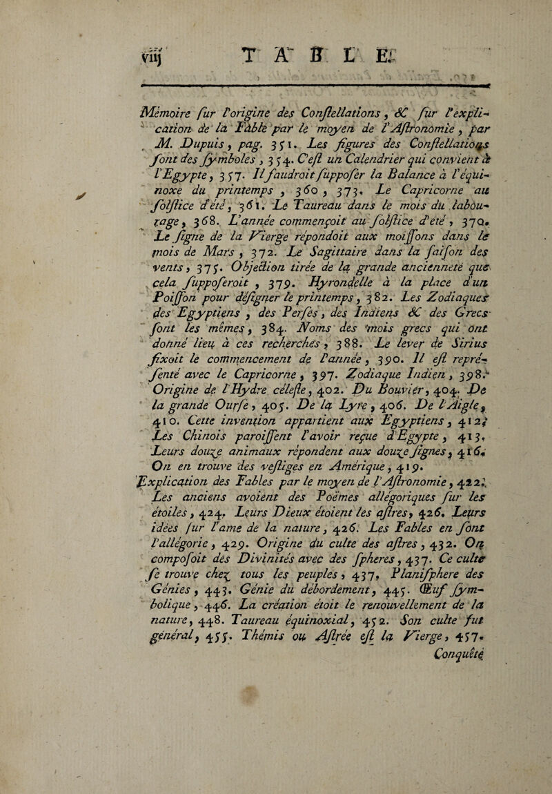 . °o ? ».. m ■■ . —p ... — , . ,■ — — >i..., « J • w ' \ Mémoire fur Vorigine des Conjîellanons, SC fur l'expli¬ cation de la Fàble par le moyen de !Aflronomie y par JM. Dupuis 9 pag. 3 ji. Les figures des Conflellatiot^s font des fymboles > 3 34. Cefl un Calendrier qui convient et l'Egypte y 3 J 7. Ilfaudrait fuppofer la Balance à Céqui¬ noxe du printemps 9 360 y 37 3* Capricorne au foljlice dite, 3 <51. X^ Taureau dans le mois du labou¬ rage y 368. L année commençait au foljlice d'été y 37 q« Le Jigne de la Vierge répondoit aux motjfons dans le piois de Mars y 372. Le Sagittaire dans la faifon des vents y 3 7 J. Objection tirée de la grande ancienneté que cela fuppoferoit , 37p. Hyrondelle à la place durt Poifjon pour défigner le printemps y 382. Les Zodiaques: des Egyptiens y des Perfès} des Indiens SC des Grecs font les mêmes y 384. Noms des 'mois grecs qui ont donné lieu à ces recherchés y 388. Le lever de Sirius fixait le commencement de Cannée y 390, Il efl repré- fenté avec le Capricorne y 3P7. Zodiaque Indien, 398.* Origine de l Hydre célefle y 402. Du Bouvier y 404. De la grande Ourfe y 40 J. De la Lyre 9 406. De l Aigle ^ 410. Cette invention appartient aux Egyptiens y 412* Les Chinois paroiffent lavoir reçue d Egypte y 413» Leurs dou^e animaux répondent aux dou%efigues y 416s On en trouve des vefliges en Amérique y 41p. Explication des Fables par le moyen de CAflronomie, 42 2 ^ Les anciens avoient des Poèmes allégoriques fur les étoiles y 424. Leurs Dieux étoient les ajîresy 42 5# Leurs idées [ur Came de la nature > 426’. Les Fables en font Vallégorie y 42p. Origine du culte des ajlres y 432. On compofoit des Divinités avec des fpheres, 437. Ce culte fe trouve che£ tous les peuples y 437. Plantfphere des Génies y 443. Génie du débordement y 44 J. Œzf fym- bolique y 446. La création étoit le renouvellement de la nature y 448. Taureau équinoxial y 432. Son culte fut général} 457. Thémis ou Afirée ejl la Vierge y 437. Conquête