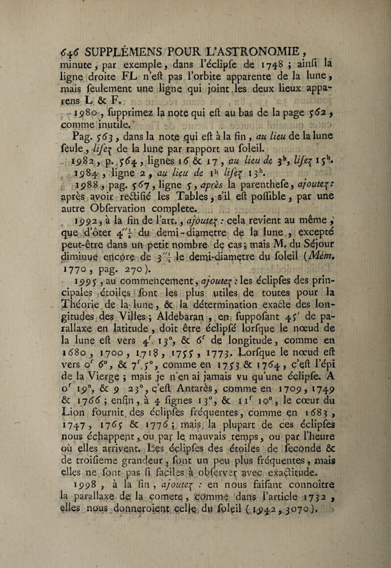 minute, par exemple, dans réclipfe de 1748 ; ainfi la ligne droite FL n’eft pas l’orbite apparente de la lune, mais feulement une ligne qui joint les deux lieux appa- rens L 6c F, 1.980 , fupprimez la note qui efl: au bas de la page $62 9 comme inutile. Pag. 5'63 , dans la note qui efl: à la fin * au lieu de la lune feule, life^ de la lune par rapport au foleil. 1982 , p. , lignes 16 6c 17 , au lieu de 3**, Ufe% ijh. 1984 , ligne 2 , au lieu de ih life{ 13^. ,1988 , pag. y 67, ligne 5, après la parenthefe, ajoute après avoir rectifié les Tables, s’il efl: poflible, par une autre Obfervation complété. 15)92, à la fin de l’art., ajoute{ : cela revient au même , que d’ôter du demi - diamètre de la lune , excepté peut-être dans un petit nombre de cas; mais M. du Séjour diminue encore de 3 T le demi-diamçtre du foleil (Mém, 1770 , pag. 270). 199 j ,au commencement,ajoute^: les éclipfes des prin¬ cipales étoiles font les plus utiles de toutes pour la Théorie de la lune, 6c la détermination exaôle des lon¬ gitudes des Villes; Aldebaran , en, fuppofant 45;' de pa¬ rallaxe en latitude , doit être éclipfé lorfque le nœud de la lune efl: vers ^ 130, 6c 6e de longitude, comme en i58o_, 1700, 1718 , 1755* 9 1773* Lorfque le nœud efl: vers of <5°, 6c 7f.J°, comme en 1753 ôc 1764 , ç’efl: l’épi de la Vierge ; mais je n’en ai jamais vu qu’une éçlipfe. A of 19% 6c 9 23% ç’efl. Antarès, comme en 1709, 1749 6c 1755 ; enfin, à 4 fignes 130, 6c nf io°, le cœur du Lion fournit des éclipfes fréquentes, comme çn i583, 1747, 1755 6c 1776\ mais la plupart de ces éclipfes nous échappent, ou par le mauvais temps, ou par l’heure où elles arrivent. Les éclipfes des étoiles de fécondé 6c de troifieme grandeur font un peu plus fréquentes, mais elles ne font pas fi faciles a oh fer ver avec exactitude. 1998 , à la fin , ajoute^ : en nous faifant connaître la parallaxe de la çometç, comme dans l’article 1732 , elles nous donneroient celle du foleil ( 19^2,3070),