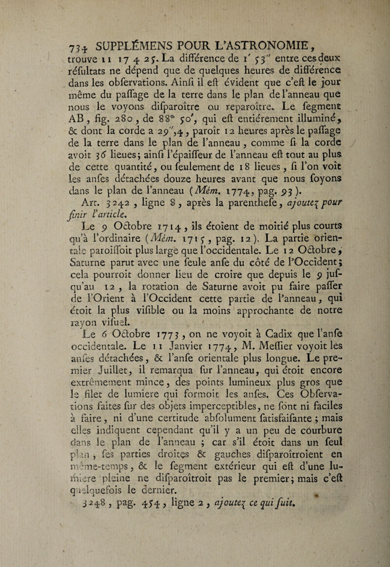 trouve ii 17 4 2 j. La différence de 1 53 entre cesd'eux réfultats ne dépend que de quelques heures de différence dans les obfervations. Ainfi il eft évident que c’eft le jour même du paffage de la terre dans le plan de Panneau que nous le voyons difparoître ou reparaître. Le fegment AB , fig. 280, de 880i $o', qui eft entièrement illuminé, & dont la corde a 25),4 , paraît 12 heures après le paffage de la terre dans le plan de Panneau , comme fi la corde avoir 3<5 lieues; ainfi Pépaiffeur de Panneau eft tout au plus de cette quantité, ou feulement de 18 lieues, fi Pon voit les anfes détachées douze heures avant que nous Payons dans le plan de Panneau (Mém, 1774, pag. P3 ). Art. 3242 , ligne 8, après la parenthefe, ajoute\pour finir l'article. Le 9 Odobre 1714 , ils étoîent de moitié plus courts qu'à l’ordinaire (Mém. 1715-, pag. 12). La partie orien¬ tale paroiffoit plus large que l’occidentale. Le 12 Odobre, Saturne parut avec une feule anfe du côté de POccîdent; cela pourroit donner lieu de croire que depuis le 9 juf- qu’au 12 , la rotation de Saturne avoit pu faire paffer de l’Orient à POccident cette partie de Panneau, qui étoit la plus vifible ou la moins approchante de notre rayon vifueh / Le 6 Qdobre 1773, on ne voyoit à Cadix que Panfe occidentale. Le 11 Janvier 1774, M. Meflier voyoit les anfes détachées, & Panfe orientale plus longue. Le pre¬ mier Juillet, il remarqua fur Panneau, qui étoit encore extrêmement mince, des points lumineux plus gros que le filet de lumière qui formoit les anfes. Ces Obferva¬ tions faites fur des objets imperceptibles, ne font ni faciles à faire, ni d’une certitude abfolument fatisfaifante ; mais elles indiquent cependant qu’il y a un peu de courbure dans le plan de Panneau ; car s’il étoit dans un feul plan , fes parties droites & gauches difparoîtroient en même-temps, & le fegment extérieur qui eft d’une lu¬ mière pleine ne diiparoîtroit pas le premier; mais c’eft quelquefois le dernier. À 1 f . •