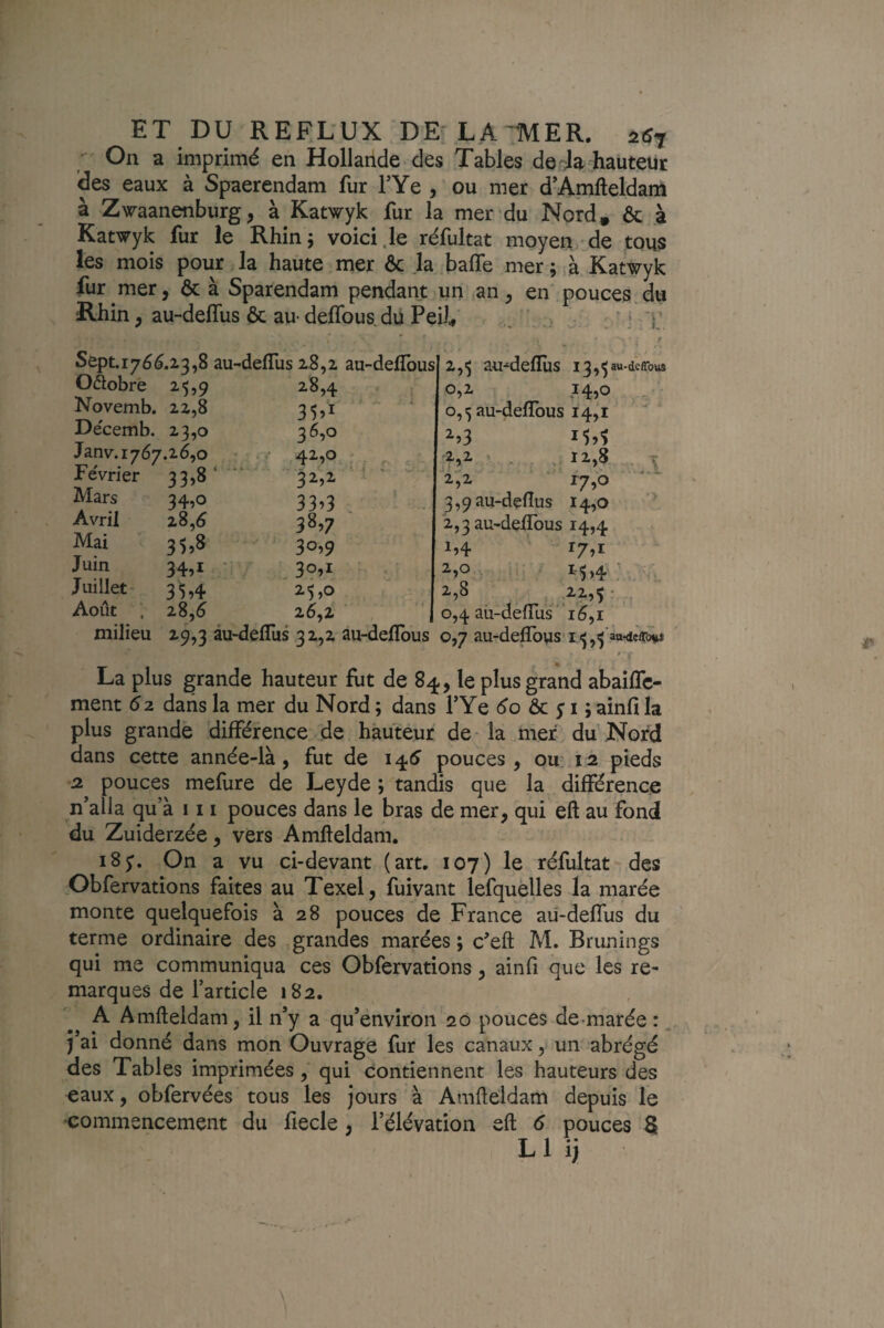 On a imprimé en Hollande des Tables de da hauteur des eaux à Spaerendam fur TYe , ou mer d'Amfteldam à Zwaanenburg, à Katwyk fur la mer du Nord, ôc à Katwyk fur le Rhinj voici .le réfultat moyen.'de tous les mois pour la haute mer ôc Ja baffe mer ; à Katwyk fur mer, ôc à Sparendam pendant un an, en' pouces du Rhin, au-deffus ôc au- deffous du Peib . . .• : M Sept. 175^.23,8 au-deffus x8,2 au-deffous Odobre 25,9 Novemb. 22,8 Décemb. 23,0 Janv. 1767.26,0 FeVrier 33î8 ‘ Mars Avril Mai Juin Juillet Août 34,0 28,6 34,1 3^,4 28,6 28,4 35: 36,0 42,0 32,2 33^3 38,7 30,9 30.1 25,0 26.2 •- î 15,î * r .• • r7,o 3,9au-deflus 14,0 2.3 au-deffous 14,4 1.4 ’ 2-,o 15,4 2-,8 22,5 : 0,4 ail-deffus 16,1 milieu 29,3 au-delïus 32,2 au-delïbus 0,7 au-delïbus 2,^ aU-‘delïllS 13,5au-deffous 0,2 74,0 0,5 au-deffous 14,1 ^»3 ■2,2 i ' 2,2 La plus grande hauteur lut de 84, le plus grand abaiffc- ment 62 dans la mer du Nord ; dans l’Ye 60 ôc y i ; ainfî la plus grande différence de hauteur de* la mer duJNofd dans cette année-là, fut de 145 pouces, ou: 12 pieds 2 pouces mefure de Leyde ; tandis que la différence n’alla qu’à 111 pouces dans le bras de mer, qui eft au fond du Zuiderzée, vers Amfteldam. 18y. On a vu ci-devant (art. 107) le réfultat des Obfervations faites au Texel, fuivant lefquèlles la marée monte quelquefois à 28 pouces de France aü-deffus du terme ordinaire des grandes marées; c^eft M. Brunings qui me communiqua ces Obfervations, ainfi que les re¬ marques de l’article 182. A Amfteldam, il n’y a qu’envîron 20 pouces de-marée : j ai donné dans mon Ouvrage fur les canaux, un abrégé des Tables imprimées, qui contiennent les hauteurs des «aux, obfervées tous les jours à Amfteldam depuis le ■commencement du fiecle, l’élévation eft 6 pouces S