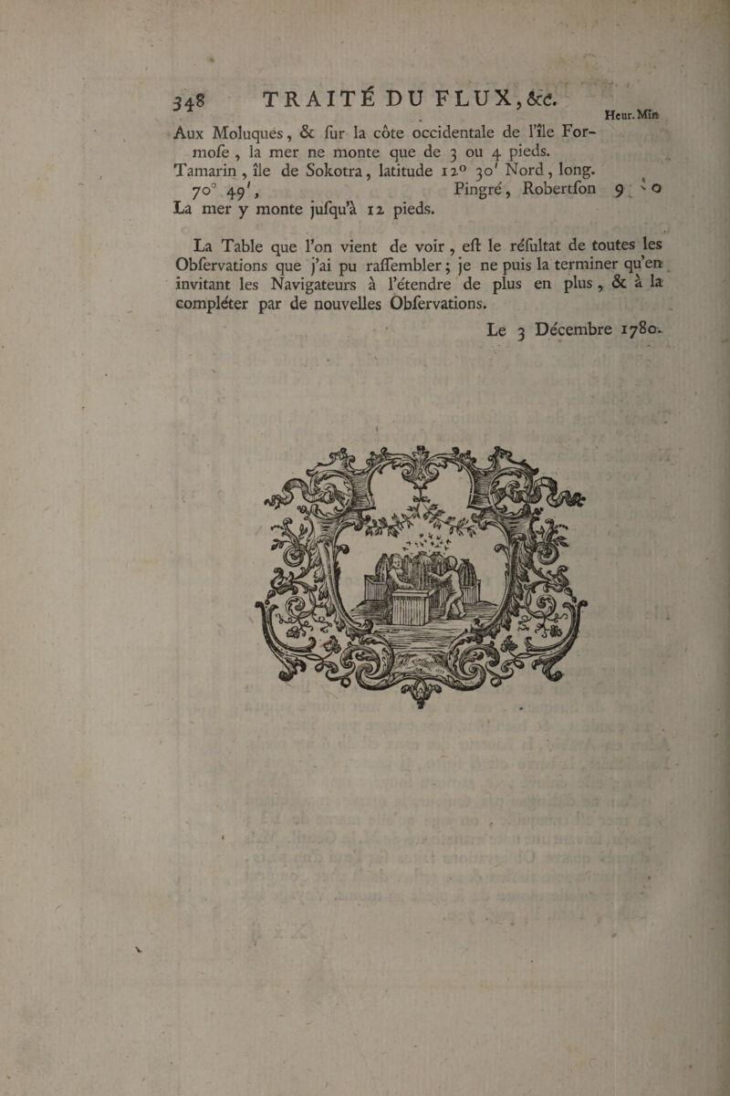 ' / 348 TRAITÉ DU FLUX,Sctf. Heur. Ml» Aux Moliiques, & fur la côte occidentale de l’île For- mole , la mer ne monte que de 3 ou 4 pieds. Tamarin , île de Sokotra, latitude 12^ 30' Nord, long. 70 49 ^ La mer y monte jufqu’à 12 pieds. Pingre, Robertfon 9 . ' ^ La Table que l’on vient de voir, eft le réfultat de toutes les Obfervations que j’ai pu raffembler ; je ne puis la terminer qu’en invitant les Navigateurs à l’étendre de plus en plus, & a la compléter par de nouvelles Obfervations. Le 3 Décembre 1780. 1