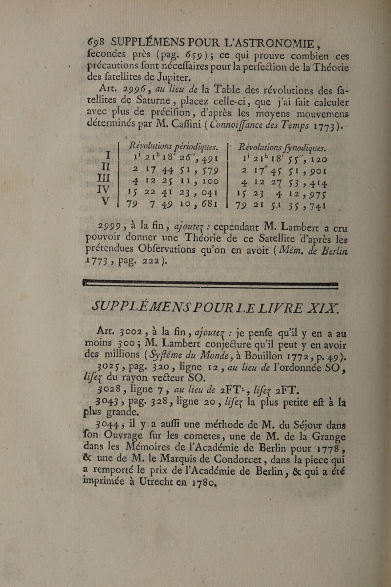 fécondés près (pag. ce qui prouve combien ces précautions font néceflaires pour la perfeélion de la Théorie des fatellites de Jupiter, Art. au lieu de la Table des révolutions des fa¬ tellites de Saturne^ placez celle-ci^ que j’ai fait calculer avec plus de précifion, d’après les moyens mouvemens déterminés par M, Calïini [Connoijpince des Temps Révolutions périodiques. ’ Révolutions Jynodiqiies. I TT V 2 18 20 y 491 V 2 18' SS' 'y 120 II ttt 2 17 44 TI > $19 2 17* 4T TI , 901 III 4 i; 12 Il ^ 100 4 12 27 T5 5 414 i V T r 22 41 25. 041 15* 25 4 12 ^91S V 19 7 49 10, é8i 19 21 T.I SS ?74i ^999 5 à la fin, ajoutei •' cependant M. Lambert a cru pouvoir donner une Théorie de ce Satellite d’après les prétendues Obfervations qu’on en avoit {Mém, de Berlin '^775 J pag* 222). SUPPLÉMÊNS POUR LE LIVRE XIX. Art. 5002 ^ à la fin, ajoute:^ : ]t penfe qu’il y en a au moins 300 ; M. Lambert conj*e£lure qu’il peut y en avoir des millions {Syftême du Monde^ à Bouillon 1772, p. 49), 3025’^ pag. 320, ligne 12 ^ au lieu de l’ordonnée SO, lifei du rayon veéleur SO. 3028, ligne 7 , au lieu de 2FTS 2FT. 3043 5 pag. 328, ligne 20, lifei la plus petite efl à la plus grande, 5044^ il y a aufïi une méthode de M. du Séjour dans fon Ouvrage fur les cometes, une de M. de la Grange dans les Mémoires de l’Académie de Berlin pour 1778, & une de M. le Marquis de Condorcet, dans la piece qui a remporté le prix de l’Académie de Berlin, ôc qui a été imprimée à ütrecht en 1780.