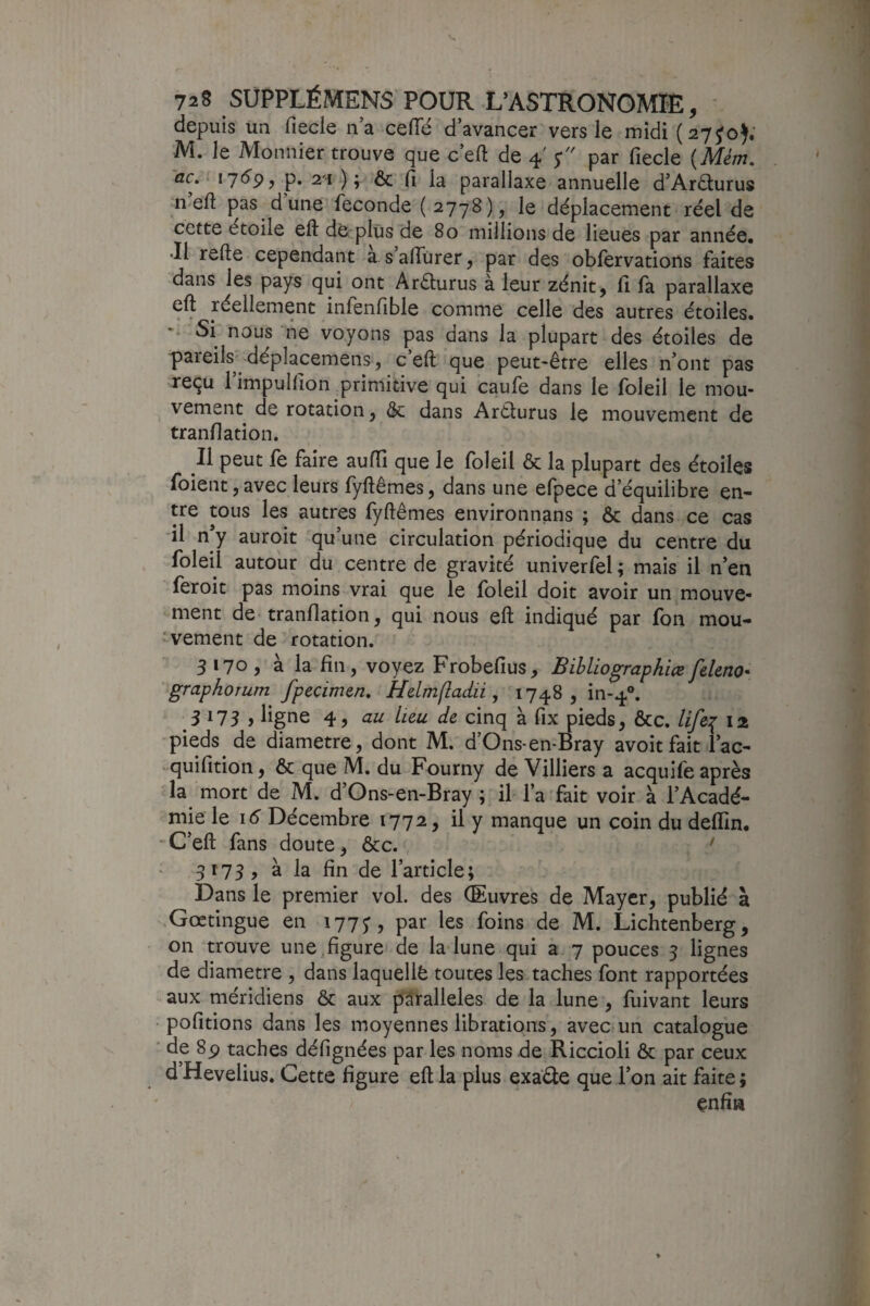 depuis un fiecle na cefTé d’avancer vers le midi (27^0^' M. le Monnier trouve que c’efl de 4' 5* par fiecle (Mém, ac» 176^9, p, 2'i ) ; & Il la parallaxe annuelle d’Ar6l:urus n eft pas d une fécondé (2778), le déplacement réel de cette étoile eft dé plus de 80 millions de lieues par année. •Il refte cependant a s’alfùrer, par des obfervations faites dans les pays qui ont Aréturus à leur zénit, lî fa parallaxe eft réellement infenfible comme celle des autres étoiles. Si nous ne voyons pas dans la plupart des étoiles de pareils-^ déplacemens, c eft que peut-être elles n’ont pas reçu 1 impullion primitive qui caufe dans le foleil le mou¬ vement de rotation, ôc dans ArClurus le mouvement de tranflation. Il peut le faire auftî que le Ibleil & la plupart des étoiles foient, avec leurs fyftêmes, dans une efpece d’équilibre en¬ tre tous les autres fyftêmes environnans ; & dans ce cas il n’y auroit qu’une circulation périodique du centre du foleil autour du centre de gravité univerlel ; mais il n’en feroit pas moins vrai que le foleil doit avoir un mouve¬ ment de tranflation, qui nous eft indiqué par fon mou- ‘vement de rotation. 3170, à la fin, voyez Frobefius, Biblio^raphice fckno- graphorum fpecimen, Helm(ladii, 1748,10-4®. 3175 > ligne 4, au heu de cinq à fix pieds, &c. life:^ 12 pieds^ de diamètre, dont M. d’Ons-en-Bray avoit fait l’ac- • quifition, & que M. du Fourny de Villiers a acquife après la mort de M. d’Ons-en-Bray ; il l’a fait voir à l’Acadé¬ mie le i(^ Décembre 1772, il y manque un coin du defîln. • C’eft fans doute, &c. ' 3173, à la fin de l’article; Dans le premier vol. des (Euvres de Mayer, publié à Gœtingue en 177;, par les foins de M. Lichtenberg, on trouve une,figure de la lune qui a 7 pouces 3 lignes de diamètre , dans laquelle toutes les taches font rapportées aux méridiens & aux parallèles de la lune, fuivant leurs pofitions dans les moyennes librations, avec un catalogue de 89 taches défignées par les noms de Riccioli & par ceux d’Hevelius. Cette figure eft la plus exade que l’on ait faite ; enfin