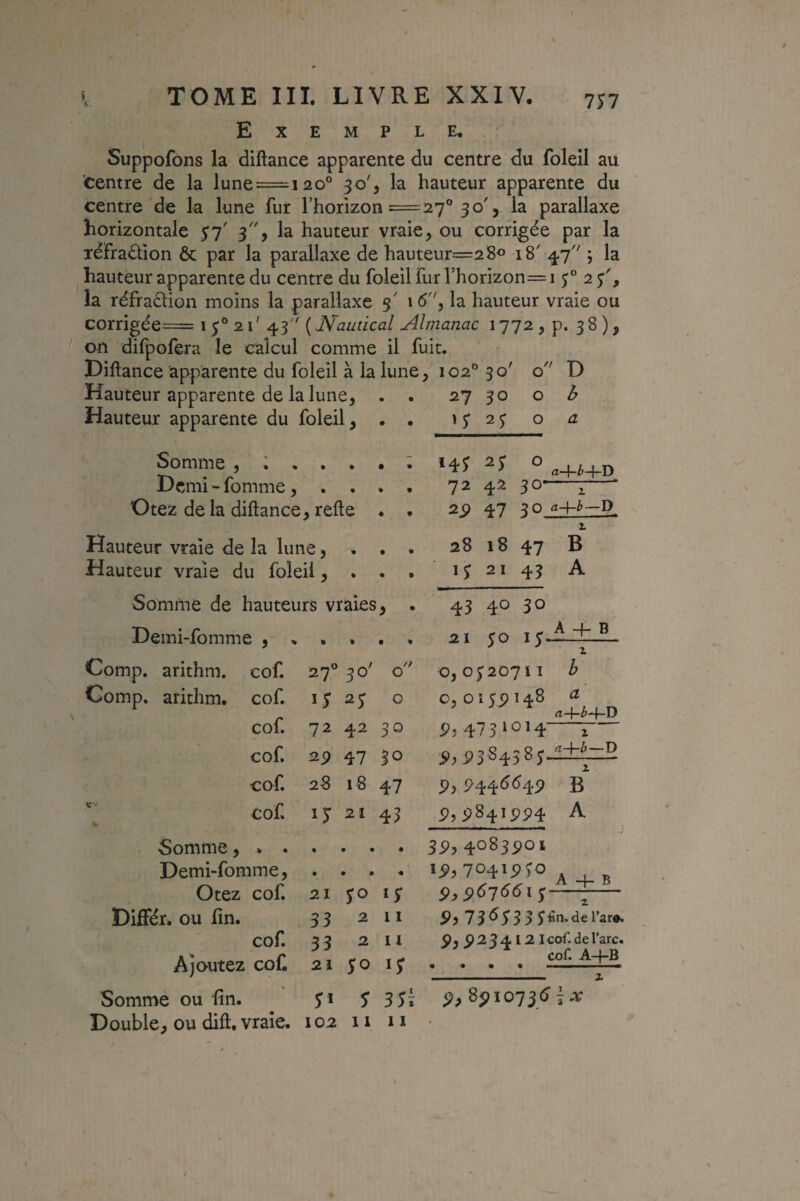 K TOME III. LIVRE XXIV. 757 Exemple. Suppofons la diftance apparente du centre du folell au centre de la lune==i2o° 30', la hauteur apparente du centre de la lune fur l’horizon =27° 30', la parallaxe horizontale 3'', la hauteur vraie, ou corrigée par la réfraction & par la parallaxe de hauteur=28o 18' 4.7 ; la hauteur apparente du centre du foleil fur rhonzon==i 5° 2 la réfraction moins la parallaxe 5' \6, la hauteur vraie ou corrigée= i j'* 21' 43 {Nauücal Almanac 5 p. 38 ), on difpofera le calcul comme il fuit. Diftance apparente du foleil à la lune, 102® 30' o D Hauteur apparente de la lune, . . 27 30 o ^ Hauteur apparente du foleil, . . 1 y 2 ^ o ^ Somme , ; , . . Dcmi-fomme, . . Otez de la diftance, refte Hauteur vraie de la lune, . Hauteur vraie du foleil, . ° a-l-^+D 72 42 30--^—■ 2^ 47 a-\-b—D 28 18 47 B IJ 21 43 A V Somme de hauteurs vraies, 43 40 30 Demi-fomme , . Ü • « ^0 Comp. arithm. cof. 27° 30' 0,0J20711 b Gomp. arithm. cof. 0 0,0155148 ^ col. 72 42 30 5,4731014 ^ cof. 2p 47 30 ÿ,P3S438j.i±^ cof. 28 18 47 5,5445^45 B cof. 21 45 5,584,15^4 A Somme, . . • • • • 35,4083501 Demi-fomme, • • • 15, 7041550 9,96^661^ ^ Otez cof. 21 yo ly Différ. ou fin. 35 2 11 73<yy33y^n.derar». cof. 33 2 11 5,523412 Icof. de l’arc. Ajoutez cof. 21 yo ly cof. A-f-B Somme ou fin. 0 y yyî 5, 851073 é ï .V Double, ou dift. vraie. 102 11 11 •