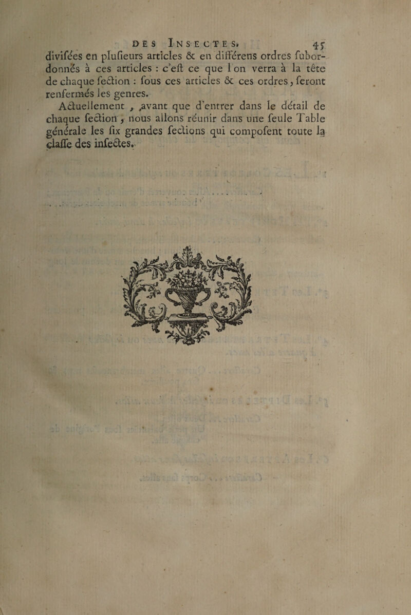 divifées en plufieurs articles & en différens ordres fubor- donnës à ces articles : c’efl: ce que I on verra à la tête de chaque feêtion : fous ces articles & ces ordres, feront renfermés les genres. A&uellement , ,avant que d’entrer dans le détail de chaque fection y nous allons réunir dans une feule Table générale les fix grandes feclions qui compofent toute la clafle des infeétes. *■ )