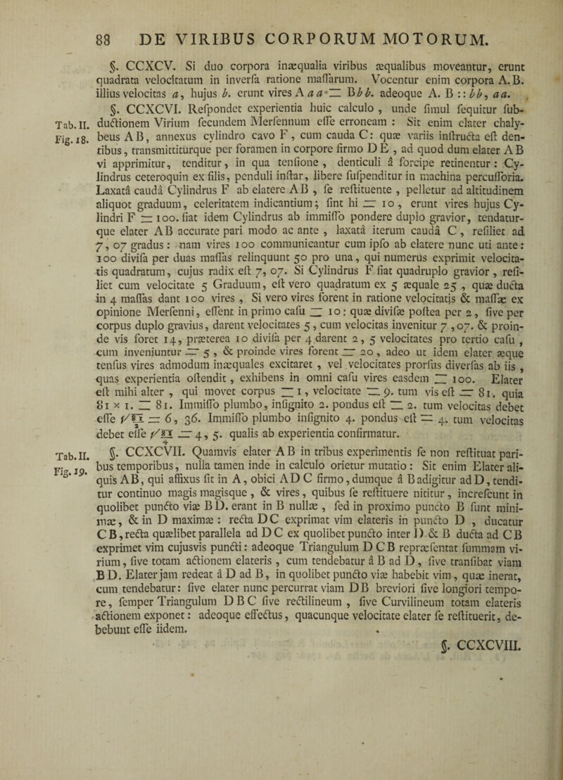 Tab.II. Fig. 18. Tab.II. Fig. 19. §. CCXCV. Si duo corpora inaequalia viribus tequalibus moveantur, erunt quadrata velocitatum in inverfa ratione maffarum. Vocentur enim corpora A. B. illius velocitas 0, hujus b. erunt vires A aa ~ B bb* adeoque A. B ::bb, a a. §. CCXCVI. Refpondct experientia huic calculo , unde fimul fequitur fub- duftionem Virium fecundem Merfennum elfe erroneam : Sit enim elater chaly- beus AB, annexus cylindro cavo F, cum cauda C: quas variis inftrutta ed den¬ tibus , transmittiturque per foramen in corpore firmo D E , ad quod dum elater AB vi apprimitur, tenditur, in qua tenfione , denticuli a forcipe retinentur: Cy¬ lindrus ceteroquin ex filis, penduli indar, libere fufpenditur in machina perculforia. Laxata cauda Cylindrus F ab elatere AB , fe redituente , pelletur ad altitudinem aliquot graduum, celeritatem indicantium; fint hi zr 10, erunt vires hujus Cy¬ lindri F — 100. fiat idem Cylindrus ab immiffo pondere duplo gravior, tendatur- que elater AB accurate pari modo ac ante , laxata iterum cauda C, refiliet ad 7, 07 gradus: nam vires 100 communicantur cum ipfo ab elatere nunc uti ante: 100 divifa per duas maflas relinquunt 50 pro una, qui numerus exprimit velocita¬ tis quadratum, cujus radix eft 7, 07. Si Cylindrus F fiat quadruplo gravior , refi¬ liet cum velocitate 5 Graduum, ed vero quadratum ex 5 tequale 25 , quas ducta in 4 maflas dant 100 vires , Si vero vires forent in ratione velocitatis & maflas ex opinione Merfenni, eflent in primo cafu 77 10: quas divide poftea per 2, five per corpus duplo gravius, darent velocitates 5, cum velocitas invenitur 7,07. & proin¬ de vis foret 14, prasterea 10 divila per 4 darent 2, 5 velocitates pro tertio cafu , cum inveniuntur zr 5 , «St proinde vires forent zr 20, adeo ut idem elater teque tenfus vires admodum inaequales excitaret , vel velocitates prorfus diverfas ab iis , quas experientia odendit, exhibens in omni cafu vires easdem 71 100. Elater cd mihi alter , qui movet corpus 77 1, velocitate H. 9. tum vis ed zr 81. quia Si x 1. 77 81. Immiflo plumbo, infignito 2. pondus ed 77 2. tum velocitas debet efle f/fl — 6, 36. Immiflo plumbo infignito 4. pondus ed ~ 4. tum velocitas debet elfe f/ll — 4,5. qualis ab experientia confirmatur. g. CCXCVII. Quamvis elater A B in tribus experimentis fe non redituat pari¬ bus temporibus, nulla tamen inde in calculo orietur mutatio : Sit enim Elater ali¬ quis AB, qui affixus fit in A, obici AD C firmo, dumque a B adigitur ad D, tendi¬ tur continuo magis magisque , & vires, quibus fe redituere nititur, increfcunt in quolibet punfto viae B D. erant in B nullae , fed in proximo puncto B funt mini¬ mae, & in D maximae : re&a DC exprimat vim elateris in punfto D , ducatur C B, re«da quaelibet parallela ad D C ex quolibet pundto inter ]) & B dufta ad C B exprimet vim cujusvis pun&i: adeoque Triangulum D CB reprcefentat fummam vi¬ rium , five totam a&ionem elateris, cum tendebatur a B ad D, five tranfibat viam B D. Elater jam redeat a D ad B, in quolibet puncto viae habebit vim, quae inerat, cum tendebatur: five elater nunc percurrat viam D B breviori five longiori tempo¬ re, femper Triangulum DBC five rectilineum , five Curvilineum totam elateris aftionem exponet: adeoque effeftus, quacunque velocitate elater fe redituerit, de¬ bebunt efle iidem. $. CCXCVIII.