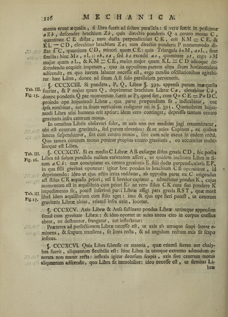 menta erunt aequalia , li libra fuerit ad folum parallela : fi vero fuerit in pofitrone flZb , defcendet brachium Zb , quia directio ponderis Q a centro motus C , quantitate C E didat, nam dufta perpendiculari C K , erit KMzCE. & KL — CD, elevabitur brachium Za\ nam diredtio ponderis P tantummodo di¬ dat fC, quantitate CD, minori quam CE: quia Triangula ^M, aoL , fune Umilia: hinc Mc, oL :: ob, oa , fed bo excedit ao , quantitate at, ergo <?M major quam a L, & K M ~ C E, multo major quam KL zCD adeoque de* fcendendo acquirit impetum , quo in oppofitam partem ultra fitum horizontalem adfcendit, ex; quo iterum labatur necefle eft, ergo tamdiu ofcillationibus agitabi¬ tur haec Libra, donec ad fitum AB folo parallelum pervenerit. $. CCCXCIII. Si pondera, P, Q, Libra 5; 392* appenfa parum inaequalia Tab. III. fuerint) & P majus quam Q , deprimetur brachium Librae C a, elevabitur C b , FiS-donec ponderis Q par momentum fuerit ac P; quod fiet, cum QxCErrPxDC. .proinde ope hujusmodi Libra * qua parte prapondium fit , indicabitur, nec ipfa rotabitur, aut in fitum verticalem redigetur uti in §. 391, Quamobrem hujus¬ modi Libra ufui humano erit aptior; idem vero continget, depreifo tantum centro gravitatis infra centrum motus. In omnibus Libris obfervari folet, ut axis non per medium jugi transmittatur, ubi eft centrum gravitatis, fed parum elevatius: &. ut acies Capitum , ex quibus lances fufpenduntur, fint cum centro motus, five cum acie axeos in eadem redta. Quo tamen centrum motus ponitur propius centro gravitatis , eo accuratior mobi- liorque eft Libra. Tab. III. §• CCCXCLV. Si ex medio C Librae AB exfurgat Hilus gravis CD , hiepofita p. l6 * Libra ad folum parallela nullam varietatem affert, ut quidem inclinata Libra in fi- * tum a C b: tum concipiatur ex centro gravitatis E Hili dudta perpendicularis EF, in qua Hili gravitas operatur: igitur hoc pondus in brachium CB operabitur , id * deprimendo: ideo ut ejus adtio irrita leddatur, ab oppofita parte ex C erigendus eft ftilus C K aequalis priori; vel fi brevior capiatur , adnedlatur pondus K , cujus momentum eft in aequilibrio cum priori E: ne vero ftilus CK cum fuo pondere K Tab ni impedimento fit, poteft inferiori parti Librae affigi pars gravis RST , quae motd a * n‘ libra idem aequilibrium cum ftilo aget: imo & ejus ope fieri poteft , ut centrum 1S’17’ gravitatis Librae altius, etiam fi infra axin, locetur.. CCCXCV. Axis Librae & Anfa fuftinent pondus Libra utrimque appenfum fimul cum gravitate Librae: & ideo oportet ut acies axeos cito in corpus craffius abeat, ne deftruatur, frangatur, aut infledhtur: Praeterea ad perfedtionem Librae necefle eft, ut axis ab utroque fcapi latere e- minens, & fcapum tranfiens, fit linea redla, & ad angulum reftum axis fit fcapo infixus. §. CCCXCVI. Quia Libra fabrefit ex materia , quae etiamfi ferrea aut chaly- bea fuerit, aliquantum flexibilis eft: hinc Libra in utroque extremo admodum o- / ' ' ' nerata non manet redta: inflexis igitur deorfum fcapis , axis five centrum motus aliquantum adfcendit, quo Libra fit immobilior: ideo necefle eft „ ut firmitas Li¬ brae