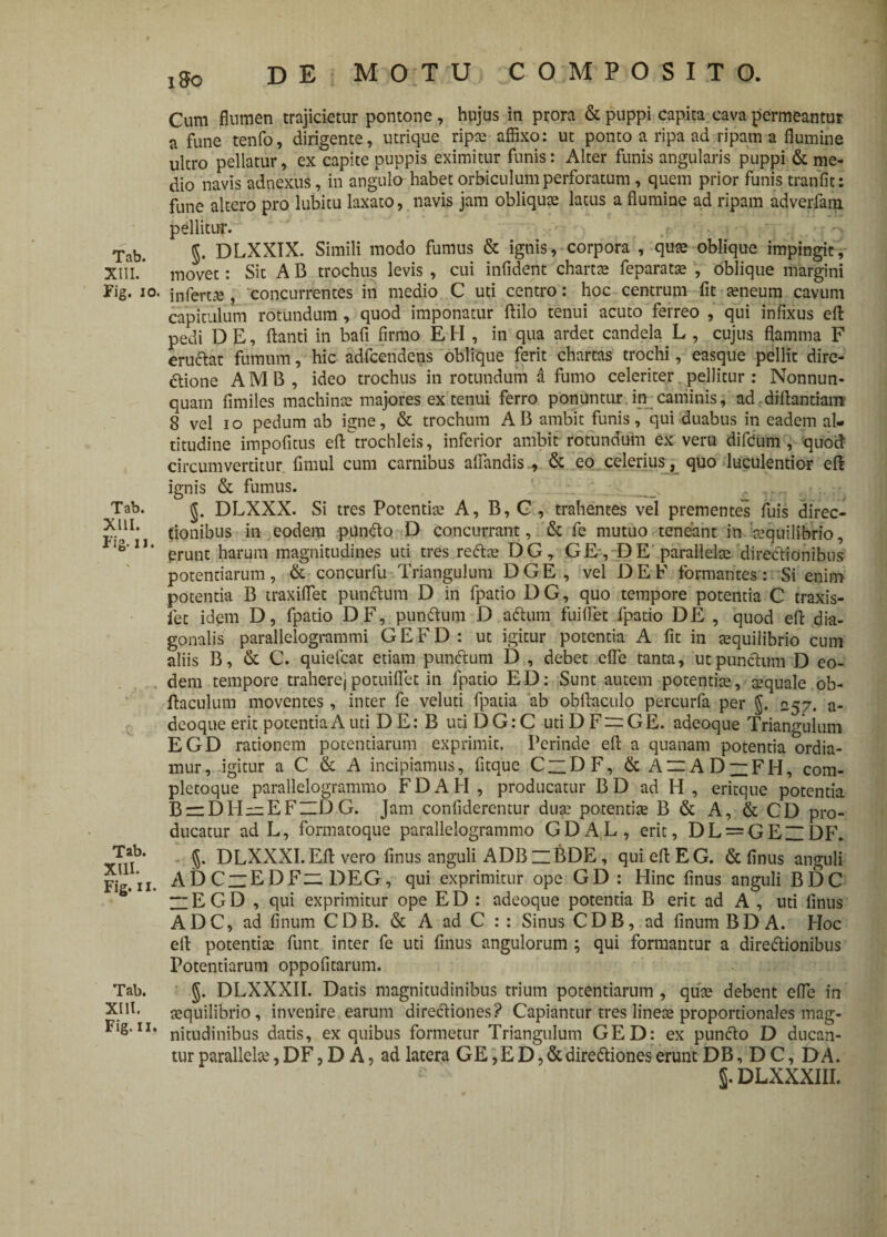 Tab. XIII. Fig. io. Tab. XIII. Fig. u. Tab. XIII. Fig. ii. Tab. XIII. Fig. ii. j8o DE MOTU COMPOSITO. Cum flumen trajicietur pontone , hujus in prora & puppi capita cava permeantur a fune tenfo, dirigente, utrique rip® affixo: ut ponto a ripa ad ripam a flumine ultro pellatur, ex capite puppis eximitur funis: Alter funis angularis puppi & me¬ dio navis adnexus, in angulo habet orbiculum perforatum, quem prior funis tranfit: fune altero pro lubitu laxato, navis jam obliqua latus a flumine ad ripam adverfam pellitur. §. DLXXIX. Simili modo fumus & ignis, corpora , qu® oblique impingit, movet: Sit A B trochus levis , cui infident chart® feparat® , oblique margini infert® , concurrentes in medio C uti centro: hoc centrum fit ®neum cavum capitulum rotundum, quod imponatur ftilo tenui acuto ferreo , qui infixus eft pedi DE, flanti in bafi firmo EH , in qua ardet candela L , cujus flamma F eructat fumum, hic adfcendens oblique ferit chartas trochi, easque pellit dire¬ ctione A M B , ideo trochus in rotundum a fumo celeriter pellitur: Nonnun- quam fimiles machinae majores ex tenui ferro ponuntur in caminis, ad diflantiam 8 vel io pedum ab igne, & trochum A B ambit funis, qui duabus in eadem al¬ titudine impolitus efttrochleis, inferior ambit rotundum ex veru difcum , quod circumvertitur fimul cum carnibus altandis., & eo celerius , quo luculentior efl ignis & fumus. DLXXX. Si tres Potentiae A, B, C , trahentes vel prementes fuis direc¬ tionibus in eodem punfto D concurrant, & fe mutuo teneant in aequilibrio, erunt harum magnitudines uti tres rectae DG, GE, DE parallelae directionibus potentiarum, & concurfu Triangulum DGE, vel DEF formantes: Si enim potentia B traxiflet punftum D in fpatio DG, quo tempore potentia C traxis- fet idem D, fpatio DF, punftum D aftum fuiflet fpatio DE , quod efl dia¬ gonalis parallelogrammi G E F D : ut igitur potentia A fit in tequilibrio cum aliis B, & C. quiefcat etiam punftum D , debet efle tanta, ut punctum D eo¬ dem tempore traherejpotuiflet in fpatio ED: Sunt autem potentiae, aequale ob- ftaculum moventes, inter fe veluti fpatia ab obflaculo percurfa per j. 257. a- deoque erit potentia A uti DE: B utiDG:C utiDF — GE. adeoque Triangulum EGD rationem potentiarum exprimit. Perinde efl a quanam potentia ordia¬ mur , igitur a C & A incipiamus, fitque C~D F, & A = AD~FH, com- pletoque parallelogrammo FDAH , producatur B D ad H , eritque potentia BrrDH^EFUDG. Jam confiderentur duae potentiae B & A, & CD pro¬ ducatur ad L, formatoque parallelogrammo GDAL, erit, DL=GEZIDF. J. DLXXXI. Efl vero finus anguli ADBuBDE, qui efl E G. & finus anguli ADCzrEDFzi DEG, qui exprimitur ope GD : Hinc finus anguli BDC ~EGD , qui exprimitur ope ED : adeoque potentia B erit ad A , uti finus ADC, ad finum CDB. & A ad C : : Sinus CDB, ad finumBDA. Hoc efl potenti® funt inter fe uti finus angulorum ; qui formantur a direftionibus Potentiarum oppofitarum. J. DLXXXII. Datis magnitudinibus trium potentiarum , quae debent efle in aequilibrio, invenire earum directiones? Capiantur tres line® proportionales mag¬ nitudinibus datis, ex quibus formetur Triangulum GED: ex puncto D ducan¬ tur parallel®, DF, D A, ad latera GE, E D, & direftiones erunt DB, D C, DA. §. DLXXXIII.