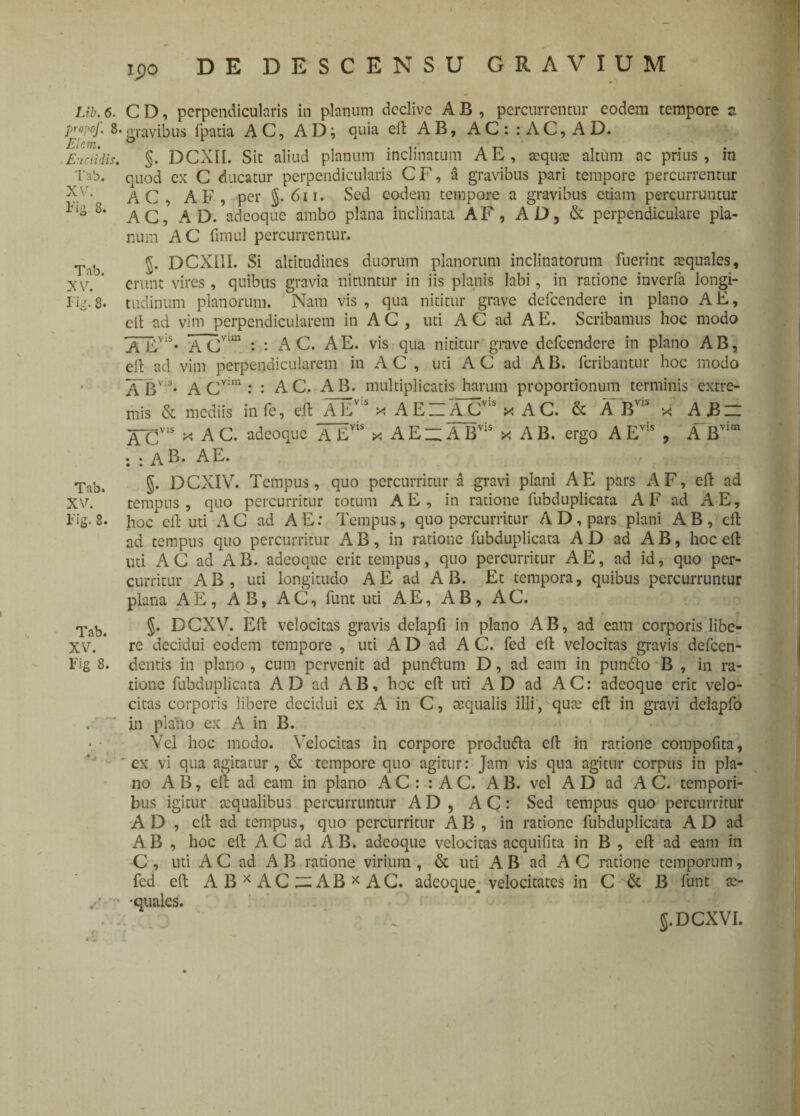 prapof. 8. Ei em. Euclidis. Tab. XV. Fig. 8. Tab. XV. Fig. 8. Tab. XV. l''ig. 8. Tab. XV. Fig 8. ipo DE DESCENSU GRAVIUM gravibus fpatia AC, AD; quia eft AB, AC: : AC, AD. §. DCXIL Sit aliud planum inclinatum AE, aequae altum ac prius, in quod ex C ducatur perpendicularis CF, a gravibus pari tempore percurrentur AC, AF, per J.6ii. Sed eodem tempore a gravibus etiam percurruntur AC, AD. adeoque ambo plana inclinata AF, AD, & perpendiculare pla¬ num AC fimul percurrentur. J. DCX11I. Si altitudines duorum planorum inclinatorum fuerint tequales, erunt vires, quibus gravia nituntur in iis planis labi, in ratione inverfa longi¬ tudinum planorum. Nam vis , qua nititur grave defeendere in plano A E, eft ad vim perpendicularem in AC, uti AC ad A E. Scribamus hoc modo A~EViS* ACvim : : AC. A E. vis qua nititur grave defeendere in plano AB, eft ad vim perpendicularem in AC, uti A C ad A B. feribantur hoc modo ABvs. A cvim : : AC. AB. multiplicatis harum proportionum terminis extre¬ mis & mediis infe, eft AEvis x AEZACvis x AC. & A Bvis x AJB = ACV‘S x AC. adeoque A Evis x A E ~ A Bvis x AB. ergo AEvis , A Bvim . . AE. §. DCXIV. Tempus, quo percurritur a gravi plani A E pars AF, eft ad tempus, quo percurritur totum AE, in ratione fubduplicata AF ad A E, hoc eft uti AC ad A E: Tempus, quo percurritur A D , pars plani A B , eft ad tempus quo percurritur AB, in ratione fubduplicata AD ad AB, hoc eft uti AC ad AB. adeoque erit tempus, quo percurritur AE, ad id, quo per¬ curritur AB, uti longitudo A E ad AB. Et tempora, quibus percurruntur plana AE, AB, AC, funt uti A E, AB, AC. J. DCXV. Eft velocitas gravis delapfi in plano AB, ad eam corporis libe¬ re decidui eodem tempore , uti A D ad A C. fed eft velocitas gravis defeen- dentis in plano , cum pervenit ad punftum D, ad eam in punefto B , in ra¬ tione fubduplicata AD ad AB, hoc eft uti AD ad AC: adeoque erit velo¬ citas corporis libere decidui ex A in C, aequalis illi, qua: eft in gravi delapfo in plano ex A in B. Vel hoc modo. Velocitas in corpore produfta eft in ratione compofita, ex vi qua agitatur, & tempore quo agitur: Jam vis qua agitur corpus in pla¬ no A B, eft ad eam in plano AC: : A C. AB. vel AD ad AC. tempori¬ bus igitur ecqualibus percurruntur AD, AC: Sed tempus quo percurritur AD , eft ad tempus, quo percurritur AB , in ratione fubduplicata AD ad AB , hoc eft AC ad AB. adeoque velocitas acquifita in B , eft ad eam in C , uti A C ad A B ratione virium , & uti A B ad A C ratione temporum, fed eft A B x A C zn A B * A C. adeoque^ velocitates in C & B funt se- *G UtllcS» J.DCXVI.