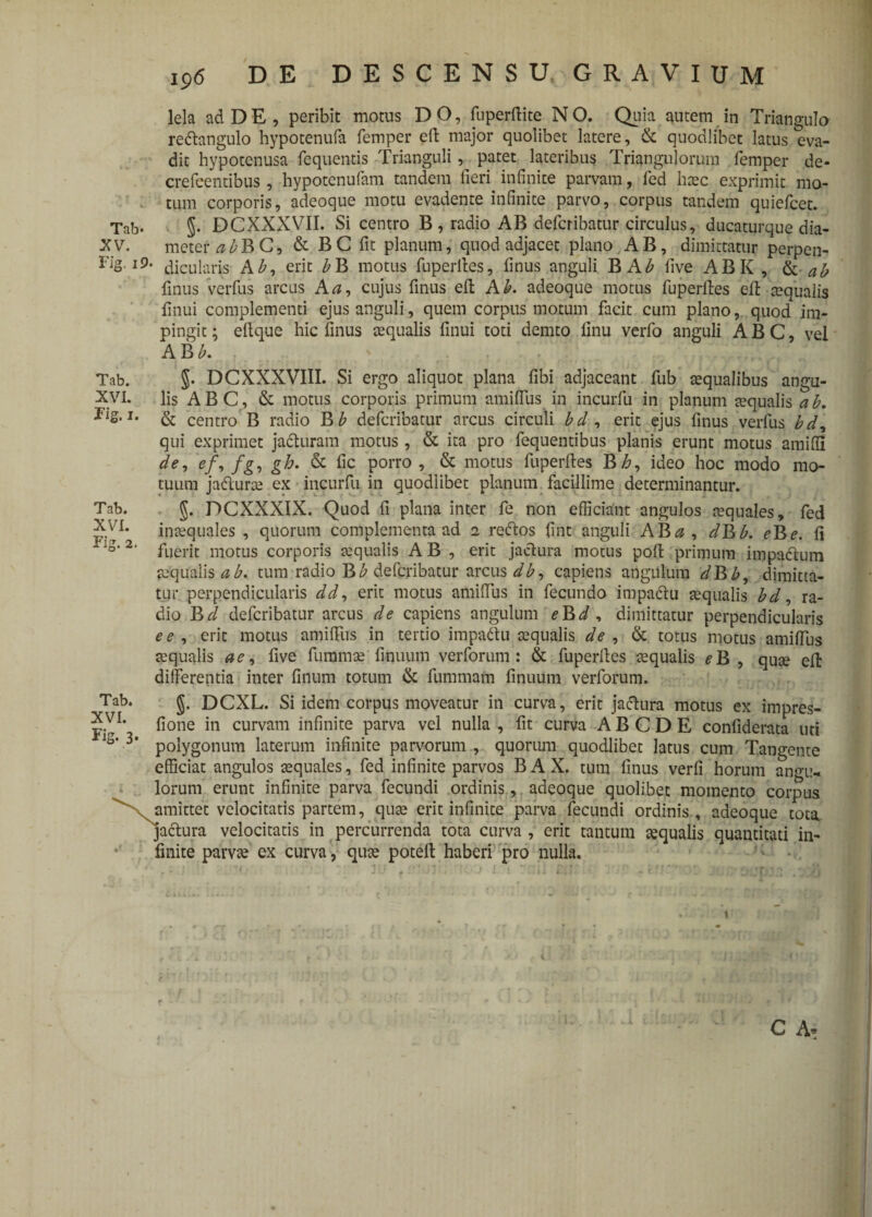 lela ad D E , peribit motus D O, fuperftite N O. Quia autem in Triangulo redtangulo hypotenufa femper eft major quolibet latere, & quodlibet latus eva¬ dit hypotenusa fequentis Trianguli, patet lateribus Triangulorum femper de- crefeentibus, hypotenufam tandem fieri. infinite parvam, fed haec exprimit mo¬ tum corporis, adeoque motu evadente infinite parvo, corpus tandem quiefcet. Tab- §. DCXXXVII. Si centro B , radio AB defcribatur circulus, ducaturque dia- XV. meter abBC, & BC fit planum, quod adjacet plano AB, dimittatur perpen- Fig. dicularis A b, erit b B motus fuperlles, linus anguli BA^ five ABK , Ik ab finus verfus arcus A a, cujus finus eft Ab. adeoque motus fuperlles ell tequaiis fmui complementi ejus anguli, quem corpus motum facit cum plano, quod im¬ pingit ; ellque hic finus aequalis fmui toti demto linu verfo anguli ABC, vel AB b. . §. DCXXXVIII. Si ergo aliquot plana fibi adjaceant fub aequalibus angu¬ lis ABC, & motus corporis primum amilfus in incurfu in planum tequalis ab. & centro B radio B b defcribatur arcus circuli bcl, erit ejus finus verfus bd, qui exprimet jacturam motus, & ita pro fequentibus planis erunt motus amilfi de, ef, fg, gh. & lic porro, & motus fuperlles Bh, ideo hoc modo mo¬ tuum jadturae ex incurfu in quodlibet planum facillime determinantur. §. DCXXXIX. Quod fi plana inter fe non efficiant angulos aequales, fed inaequales , quorum complementa ad 2 redtos fint anguli ABa , clBb. eBe. Ii fuerit motus corporis aequalis AB , erit jactura motus poli primum impactum ecqualis a b. tum radio B b defcribatur arcus db, capiens angulum dBb, dimitta¬ tur perpendicularis dd, erit motus amilfus in fecundo impadtu aequalis bd, ra¬ dio Bd defcribatur arcus de capiens angulum eBd * dimittatur perpendicularis e e , erit motus amilfus in tertio impadtu aequalis de , & totus motus amilfus aequalis a e, five furamae li-nuum verforum: & fuperlles tequalis ^B , quae ell differentia inter finum totum & fummam linuum verforum. §. DCXL. Si idem corpus moveatur in curva, erit jactura motus ex impres- lione in curvam infinite parva vel nulla , fit curva A B C D E confiderata uti polygonum laterum infinite parvorum , quorum quodlibet latus cum Tangente efficiat angulos aequales, fed infinite parvos B A X. tum finus verfi horum angu¬ lorum erunt infinite parva fecundi ordinis, adeoque quolibet momento corpus ' amittet velocitatis partem, quae erit infinite parva fecundi ordinis, adeoque tota jactura velocitatis in percurrenda tota curva , erit tantum aequalis quantitati in- *' finite parvae ex curva, quae poteil haberi pro nulla. Tab. XVI. Fig. 1. Tab. XVI. Fig. 2. Tab. XVI. Fig* 3* C A’