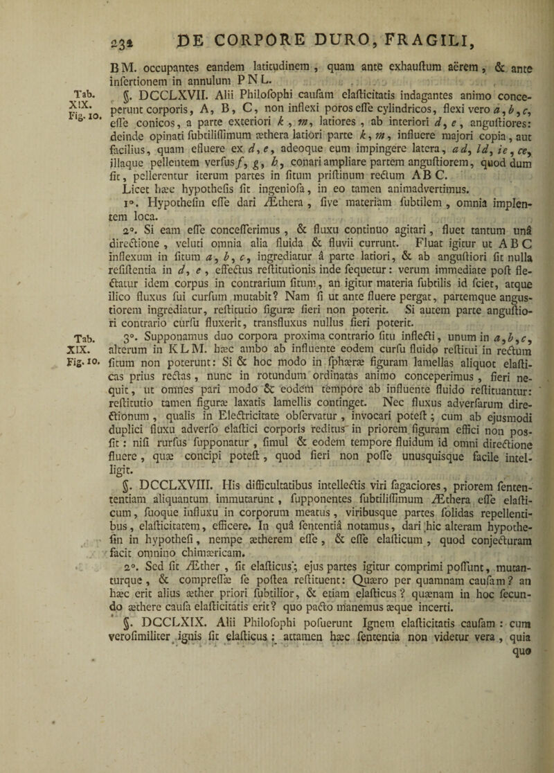 Tab. XIX. Fig. io. Tab. XIX. Fig. io. B M. occupantes eandem latitudinem , quam ante exhauftum aerem, & ante infertionem in annulum PNL. §. DCCLXVII. Alii Philofophi caufam elafticitatis indagantes animo conce¬ perunt corporis, A, B, C, non inflexi porosefle cylindricos, flexi vero a,b,c, efle conicos, a parte exteriori k , m, latiores , ab interiori d, e, anguftiores: deinde opinati fubtiliffimum sethera latiori parte k, m, influere majori copia , aut facilius, quam efluere ex d,e, adeoque eum impingere latera, ad, Id, i e, ce, iliaque pellentem verfus/, g, h, conari ampliare partem anguftiorem, quod dum fit, pellerentur iterum partes in litum priftinum recluin ABC. Licet hsec hypothefis fit ingeniofa, in eo tamen animadvertimus. i°. Hypothefin efle dari ALthera , five materiam fubtilem , omnia implen¬ tem loca. 2°. Si eam efle concefierimus , & fluxu continuo agitari, fluet tantum un£ directione , veluti omnia alia fluida & fluvii currunt. Fluat igitur ut A B C inflexum in fitum a, b, c, ingrediatur a parte latiori, & ab angufliori fit nulla refifientia in d, e , effeCtus reftitutionis inde fequetur: verum immediate poft fle¬ ctatur idem corpus in contrarium fitum, an igitur materia fubtilis id fciet, atque ilico fluxus fui curfum mutabit? Nam fi ut ante fluere pergat, partemque angus¬ tiorem ingrediatur, reflitutio figurse fieri non poterit. Si autem parte anguflio¬ ri contrario curfu fluxerit, transfluxus nullus fieri poterit. 30. Supponamus duo corpora proxima contrario fitu inflefti, unumin^,£,r, alterum in KLM. hsec ambo ab influente eodem curfu fluido reflitui in reCtum fitum non poterunt: Si & hoc modo in fphserse figuram lamellas aliquot elafti- cas prius rectas, nunc in rotundum ordinatas animo conceperimus , fieri ne¬ quit , ut omnes pari modo Sc eodem tempore ab influente fluido reflituantur: reflitutio tamen figurae laxatis lamellis continget. Nec fluxus adverfarum dire¬ ctionum , qualis in EleCtricitate obfervatur, invocari potefl; cum ab ejusmodi duplici fluxu adverfo elaflici corporis reditus in priorem figuram effici non pos- fit: nifi rurfus fupponatur , fimul & eodem tempore fluidum id omni direCtione fluere , qua: concipi potefl, quod fieri non pofle unusquisque facile intel- ligit. §. DCCLXVIII. His difficultatibus intelleCtis viri fagaciores, priorem fenten- tentiam aliquantum immutarunt, fupponentes fubtiliffimum AEthera efle elafli- cum, fuoque influxu in corporum meatus, viribusque partes folidas repellenti¬ bus , elafticitatem, efficere. In qud fententid notamus, dari ;hic alteram hypothe¬ fin in hypothefi, nempe setherem efle, & efle elafticum , quod conjeCturam facit omnino chimsericam. 20. Sed fit AEther , fit elafticus'; ejus partes igitur comprimi poflimt, mutan- turque , & compreflse fe poflea reflituent: Quaero per quamnam caufam? an hsec erit alius aether priori fubtilior, & etiam elafticus? quaenam in hoc fecun¬ do sethere caufa elafticitatis erit? quo paCto manemus seque incerti. §. DGCLXIX. Alii Philofophi pofuerunt Ignem elafticitatis caufam : cum verofimiliter ignis fit elafticus attamen hsec fententia non videtur vera , quia quo