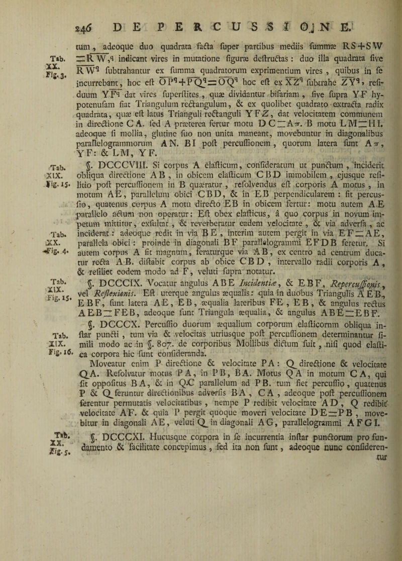 XX. Fig.g. <Tab. XIX. fig.is* Tab» ,VV •^ig. 4* Tab. XIX. Fig, 15* Tab. XIX. Fig» i<5. Tab. XX. £fg. j. 246 DE P E R C U 5 .3 1 Oj N Jfct tum, adeoque duo quadrata fadta fuper partibus mediis fummse RS+SW RWq fubtrahantur ex fumma quadratorum exprimentium vires , quibus in fe incurrebant, hoc eft OPq-fPQ^nOQq hoc eft exXZq fubtrahe ZYq» refi- duum Y dat vires fuperftites , quae dividantur bifariam , five fupra YF hy- potenufam fiat Triangulum re&angulum, & ex quolibet quadrato extradta radix quadrata, quse eft lacus Trianguli redanguli YFZ, dat velocitatem communem in directione C A. fed A praeterea fertur motu DCzAvr. B motu LMnHI. adeoque fi mollia, glutine fuo non unita maneant, movebuntur m diagonalibus paraBelogrammorum AN. BI poft percuffionem, quorum latera funt Att, YF: & LM, YF. g. DCCCV1II. Si corpus A elafticum, confideratum ut pumftum , inciderit obliqua directione AB, in obicem elafiicum CBD immobilem , ejusque refi- litio pofi percufiionem in B quteratur, refolvendus efi corporis A motus , in motum AE, parallelum obici CBD, & in EB perpendicularem : fit percus- fio, quatenus corpus A motu diredto EB in obicem fertur: motu autem A.E parallelo actum non operatur: Eft obex elafticus, a quo corpus in novum im¬ petum mittitur, exfuhat , & reverberatur eadem velocitate , & via adverfa , ac inciderat: adeoque redit in via BE, interim autem pergit in via EFzzAE, parallela obici: proinde in diagonali BF paraMogrammi EFDB feretur. Si autem corpus A fit magnum, feraturque via AB, ex centro ad centrum duca¬ tur redla AB. difiabit corpus ab obice CBD , intervallo radii corporis A, & refiliet eodem modo ad F, veluti fupra'notatur. g. DCCCIX. Vocatur angulus AB E Incidentia, & EBF, Repercuffopis, vel Reflexionis. Eft uterque angulus aequalis: quia in duobus Triangulis AEB, EBF, funt latera AE, EB, tequalia lateribus FE , EB, & angulus redtus AEBllFEB, adeoque funt Triangula ecqualia, & angulus AB Eli EBF. g. DCCCX. Percuffio duorum ecqualium corporum elafticornm obliqua in- ftar pundti , tum via & velocitas utriusque poft percuffionem determinantur fi- mili modo ac in g. 8o^. de corporibus Mollibus diclum fuit , nifi quod elafti- ca corpora hic funt confideranda. Moveatur enim P diredtione & velocitate PA: Q^diredione & velocitate QA. Refolvatur motus PA, in PB, BA. Motus QA in motum CA, qui iit oppofitus BA, & in Qd parallelum ad PB. tum fiet percuffio, quatenus P & Q^feruntur diredionibus adverfis BA , CA , adeoque poft percuffionem ferentur permutatis velocitatibus , nempe P redibit velocitate AD, Q redibif velocitate AF. & quia P pergit quoque moveri velocitate DEzrPB , move¬ bitur in diagonali AE, veluti in diagonali AG, parallelogrammi AFGI. g. DCCCXI. Hucusque corpora in fe incurrentia inftar pundorum pro fun¬ damento & facilitate concepimus, fed ita non funt, adeoque nunc conilderen- tur