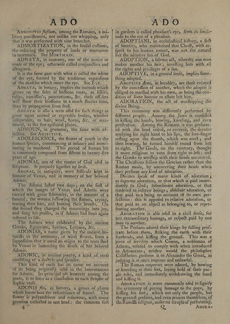 ApMonrrio fuflium, among the Romans, a mi- litary punifhment, not unlike our whipping, only ‘that it was performed with vine branches. the reducing the property of lands or tenements to mortmain. See MortrMaIn. ADNATA, in anatomy, one of the tunics or coats of the eye; otherwile called conjunctiva and albuginea, It is the fame part with what is called the white of the eye, formed by the tendinous expanfions of the mufcles which move the eye. See Eve. ADNATA, in botany, implies the increafe which grows on the fides of bulbous roots, as lillies, tulips, narciffus’s, pancratiums, &amp;c. thefe off-fets will fhew their blofloms in a much fhorter time, than by propagation from feed. * dental, as the few epifitical plants. jective. See ADJECTIVE, human fpecies, commencing at infancy and termi- nating in manhood. This period of human life is commonly computed -from fifteen to twenty-five ears of age. en feripture. It properly fignifies my lords. _ADONAI, in antiquity, were feftivals kept in honour of Venus, and in memory of her beloved Adonis. “ing are The Adonai lafted two. days; on the firft of ‘which the images of Venus and, Adonis were carried with great ‘folemnity, in-the manner. of a funeral; the women following the ftatues, crying, tearing their hair, and beating their breafts.” On the fecond they changed the mournings , into jo I> and fung his praifes, as if Adonis had been again reltored to life... ape ‘ The Adonia were celebrated by the. ancient Greeks, Egyptians, Syrians, Lycians, &amp;c. ADONIAS, ‘a name given by. the ancient bo- tanifts to the’ anémony, or wind flower, from a fuppofition that it owed its origin to the tears fhed by Venus in lamenting the death of her beloved POG. ugh oy ADONIC, in ancient poetry, a kind of verfe confifting of a dactyle and fpondee. This kind of verfe has its: name on account ‘of its being originally ufed in the lamentations for Adonis. Its principal ufe however among the poets, is to ferye as a conclufion to each {trophe of Saphic verfe. ae ; ADONIS fos, in betany, a genus of plants whofe leaves bear the refemblance of fennel. “The flower is polyandrious and: rofaceous, with many 4 ADO in gardens is called pheafant’s eye, from its fimili- | tude to the eye of a pheafant. : ADOPTIANT, in ecclefiaftical hiftory, a fec&amp; of heretics, who maintained that Chrift, with re- {pect to his human nature, was not the natural but the adoptive fon of God. ADOPTION, a folemn a&amp;, whereby one man makes another his heir; invefting him with all the rights and privileges of a fon. ADOPTIVE, ina general fenfe, implies fome- thing adopted. _ Apoprive Arms, in heraldry, are thofe enjoyed by the conceffion of another, which the adopter is obliged.to marfhal with his own, as being the con- dition of fome henour or eftate left him. ADORATION, the act of worfhipping the divine Being. Ot This ceremony was differently performed by different people.- Among. the Jews it confifted in kiffing the hands, bowing, kneeling, and even Among the Romans it was perform- ed with the head veiled, or covered, the devotee applying his right hand to his lips, the fore-finger refting upon the thumb, which was erect; and then bowing, he turned himfelf round from left toright. ‘The Gauls, on the contrary, thought it more religious to turn from right to left: and the Greeks to worfhip with their heads uncovered. ‘The Chriftians follow. the Grecian rather than the Roman mode, by uncovering their heads when they perform any kind of adoration. ~ Divines fpeak of many kind’ of. adoration ; as {upreme adoration, or that which is paid imme- diately to God; fubordinate aderation, or that that paid toa being on account. of its own. per- feétions : this is oppofed to relative adoration, or that paid to an object as belonging to, or repre- fenting another. ‘ AporaTion is alfo ufed in a civil fenfe, for any extraordinary homage, or refpect paid by one man to another. bree _ The Perfians adored their kings by falling prof- trate before them, ftriking the earth with their This was a piece of fervility which Conon, a nobleman of Athens, ‘refufed to comply with when introduced Califthenes. perform it to Alexander the Great, as judging it at once impious and unlawful. ‘The Roman emperors were adored, by bowing or kneeling at their feet, laying hold of their pur- ple robe, and immediately withdrawing the hand and kifling it. Sk isis ADORATION is more cemmonly ufed to fignify the ceremony of paying homage to the pope, by kiffing his feet; which not only the people, but the greateit prelates, and even princes themfelves, of the Romifh religion, make no fcrupleof performing. ADORA-