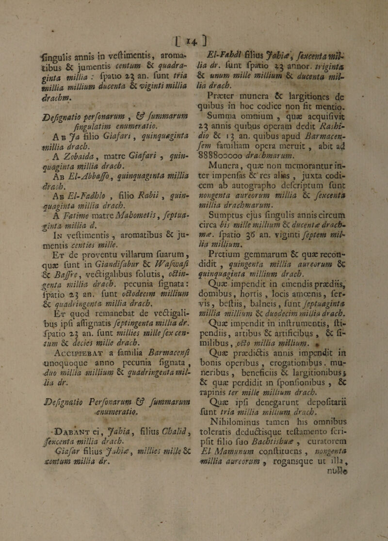 iîngulis anms in veftimentis, aroma. tibus jumcntis ccvtuîft & ginta tnillia : fpatio an. funt tria Kîillia mi Ilium du cent a h viginti millia drachm» Defignatio perfonarum , y fummarum fingulatim enumeratio. ' h'Bja filio Giafan , quinquaginta fnillia drach. ^ A Zobaida, raatre Giafari , quin- quaginîa millia drach. Ab El-Abbajfo ., quinquagtnta millia àrach. Ab El~Fadhlo , filio Rabii, quin^ quaginta millia drach. A Fatime matre Mahometis, feptua- ■ginta millia d. In veftimentis, aromatibus Sc ju- mencis cenîies mille. Et de proventu villarum fiiarum, quæ funt in Giandifabur 6c Wafwaji ÔC Baffre, vedligalibus folutis, o6iin~ genîa millia drach. pecunia fignata: fpatio Z5 an. funt oblodecim millium & quadringenta millia drach. Et quod remanebat de vedligali- bus ipfi aflignatis feptingenta milita dr. .fpatio 25 an. funt milliec millefexcen- tim 6c deciet mille drach. Accipiiebat a familia Barmacenfi unoquoque anno pecunia fignata, duo millia millium 6c quadringenta mil- lia dr. Defignalio Perfonarum fs? fummarum •mumeratio. •T>ABAfJT Cl, Jahia, ^ïmsGhalid, fexcenta millia drach. Giafar filius jAoiœ^ mîllies millet sofîîum 'millia dr . EUFahdl filius Jahi(s\ ftxceniawiî^ lia dr. funt fpatio annor. triginta 6c unum mille millium 6c ducenta mil’- lia drach. Prætcr munera 6c largitiones de quibus în hoc codice non fit mentio. Sumnia omnium , quæ acquifivit 23 annis quib.us opcram dédit Rashi- dio 6c 13 an. quibus apud Barmacen- fem farailiam opéra meruit , abit ad 888800000 drachmarum. Munera, quæ non mcmoranturin¬ ter impenfas 6c’res alkis , juxta codi- cem ab autographo defcriptum funt nongenîa aureorum millia 6c fescenta millia drachmarum. Sumptus ejus fingiilis anniscircum circa bis mille millium 6c: ducentæ drach* m<e. fpatio 36 an. viginti feptem miF lia millium. Pretium gemmarum 6c quæ recon- didit , quingenta millia aureorum 6c quinquaginta millium drach. Qpæ impendit in emendis prædiis, domibus, hortis, locis amœnis, fer- vis, beftiis, balneis, funt Jeptuaginta millia millium 6c duoàecim millia drach. <^uæ impendit in inftrumentis, fti- pendiis, artibus 6c artificibqs, 6c fî- inilibus, ,0^0 millia millium. » Quæ prædidtis annis impendit in bonis operibus, erogationibus. mu- ncribus, beneficiis 6c largitionibusi 6c quæ perdidit in fponfionibus , 6c rapinis ter mille millium drach. Quæ ipfi denegarunt depoftarii funt tria millia millium drach. Nihilominus tamen his omnibus toleratis dedudisque teftamento fcri- pfic filio fuo Bachtishune , curatorem El Mamunum conftituens , nongenta '■millia aureorum^ rogansque ut illa.