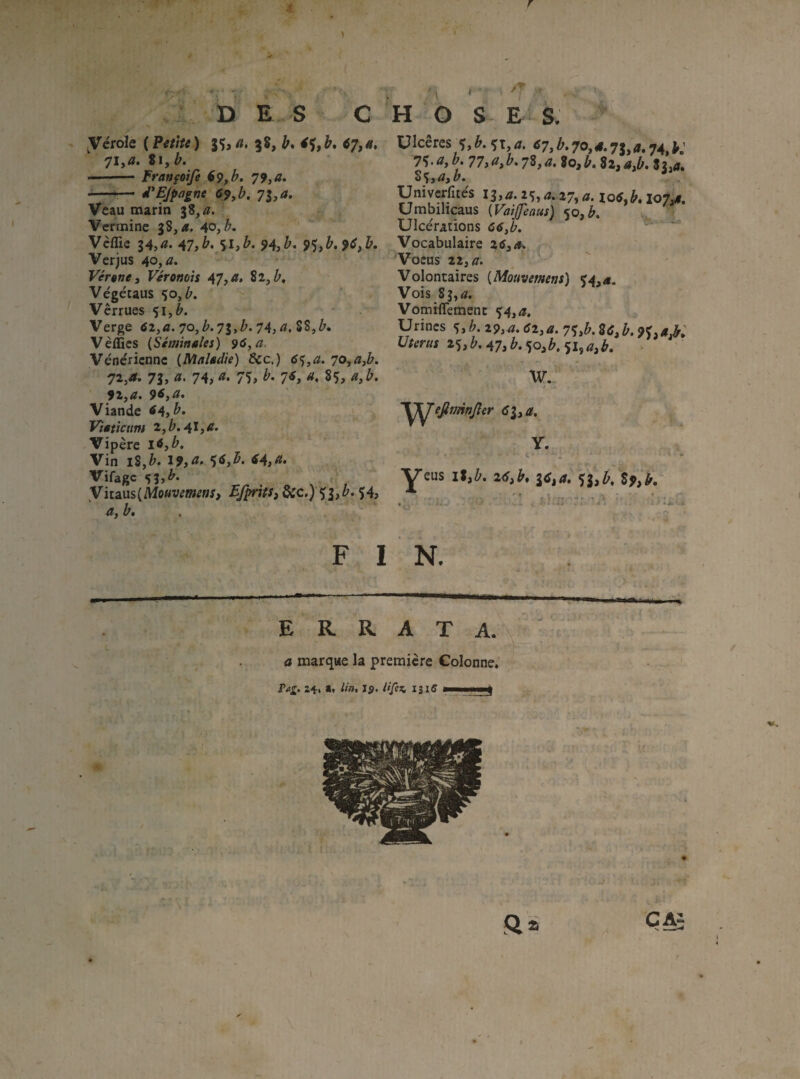 Vérole {Petite ) 35, a, 58, b* h, ^7,41, 71,<7. 81, b. -Fratifoife €9,b. -—— ^EJpagne 69, b. 73, <7. Veau marin 38, Vermine 38,4!. 40, b, Veflie 14,a. 47,b, 'il,b. 94,b. 9<i,b.9^,b. Verjus 40, <7. Vérone 3 Véronoîs 47,4!. 82,^, Végétaus Ço,^. Verrues Çi,b. Verge 42,fl. 7o,^.73,Z'. 74, æ. SS,^'. Vèffics {Stminales) 96, a. Vénérienne {Maladie) 6cc.) iS<),a. '^o,a3b. 72,77. 73, a. 74, 4!. 75, 74,77, 85, 72,77. 9<,7*. Viande 44,^* Vtêticiim 2,/>. 41,4!. Vipère l<,^. Vin 18,64,a. Vifage 53,^* yitaus(Mo«w/w^wr, EfpritSi &c.) 5’3,^. 54? a,b, . Ulcérés 5, 51,77. 47, Z». 70,4.73,71.74,^.' 75.<7,77>a3b,jZ,a. Zo^b. Zz^aJ?, 82,71. Zs^a^b. ^ li,77.Z5,77. 27,77. 104,^^.107,4. Umbihcaus {Vaijleaus) <03b» u Ulcérations û4,£ ^ ' Vocabulaire 24,77. Vocus 22,4. Volontaires {Mouvemeni) 54,71. Vois 83,77. Vomiflemenc 54,7?. Urines s? 29,^. 42,77. 75,^. 84,^. 95,7i>; t/r^m 25>^*47j^-50i^. 5Iî7?j^. W. '\^epnnjier 43,77. y. II,Z'. 24,^, 34,77. 53,Zi, $7,^. F 1 N. ERRATA. 72 marque la première Colonne. P<t£. *. //». lîiff / ftà CA l