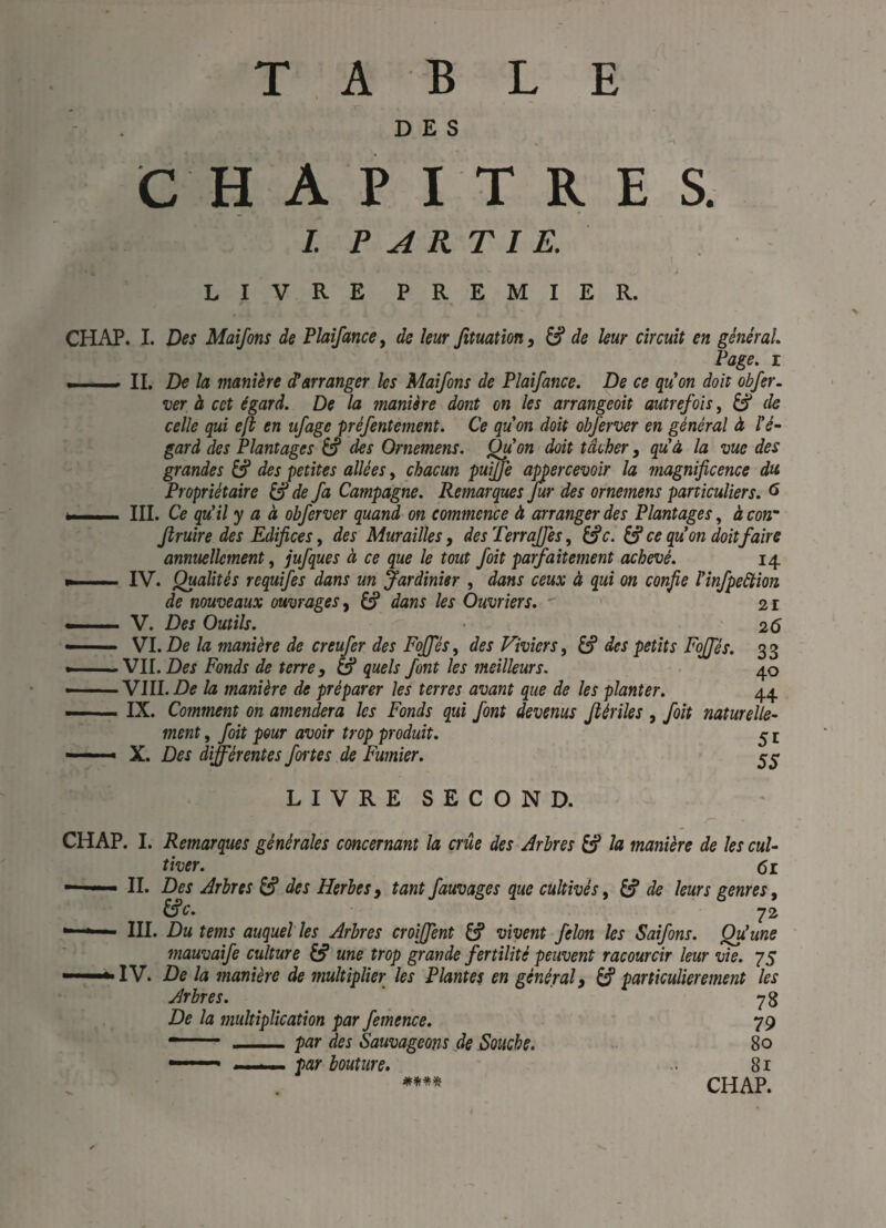 L E T A B > - V DES CHAPITRES. I P ARTI E. LIVRE PREMIER. CHAP. I. Des Maifons de Plaîfance, de leur fituatîon, ^ de leur circuit en général Page, I ■ IM , , II. De la manière d!arranger les Maifons de Plaifance. De ce quon doit obfer. ver à cet égard. De la manière dont on les arrangeait autrefois, ^ de celle qui eji en ufage préfentement. Ce quon doit ohferver en général à /V'- gard des Plantages ^ des Ornement. Qfon doit tâcher, qu'à la vue des grandes des petites allées, chacun pu^e appercevoir la magnificence du Propriétaire ^ de fa Campagne, Remarques fur des ornement particuliers. ^ III. Ce qu'il y a à ohferver quand on commence à arranger des Plantages, à con Jlruire des Edifices, des Murailles, des Terrajfes, ^c. ^ ce qu'on doitfaire annuellement ^ jufques à ce que le tout foit parfaitement achevé. 14 IV. Qualités requîfes dans un Jardinier , dans ceux à qui on confie l'infpedtion de nouveaux ouvrages y ^ dans les Ouvriers. - ' 21 . V. Des Outils. 26 VI. De la manière de creufer des FofféSy des Viviers y W des petits Fojfés. 33 VU. Des Fonds de terre, & quels font les meilleurs. 40 VIII. De la manière de préparer les terres avant que de les planter. 44 IX. Comment on amendera les Fonds qui font devenus Jiériles , foit naturelle¬ ment , foit pour avoir trop produit. 5 r ■ - « X. Des différentes fortes de Fumier. LIVRESECOND. Z-' CHAP. I. Remarques générales concernant la crue des Arbres ^ la manière de les cul¬ tiver. Cl II. Des Arbres àf des Herbes, tant fauvages que cultivés, ^ de leurs genres, ^c. 72 III. Du îems auquel les Arbres croiffent & vivent félon les Saifons. Qu'une mauvaife culture ^ une trop grande fertilité peuvent racourcir leur vie. 75 IV. De la manière de multiplier les Plantes en général, ^particulièrement les Arbres. ' 78 De la multiplication par femence. 79 par des Sauvageons de Souche. *- 80 par bouture. .. 81 CHAP.