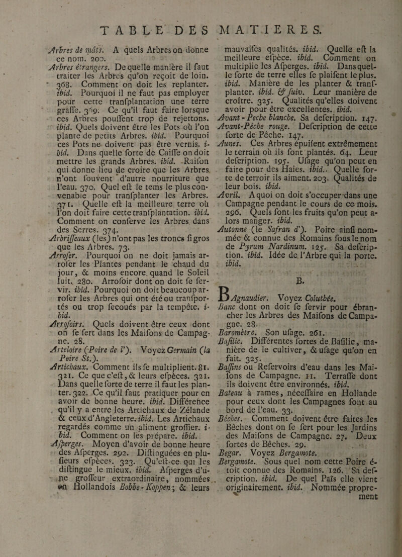 JIrhres de mâts. A quels Arbres on donne ce nom. 200. Arbres étrangers. De quelle manière il faut traiter les Arbres qu’on reçoit de loin. ' 368. Comment on doit les replanter. ibid. Pourquoi il ne faut pas employer pour cette tranfplantation une terre gralTe. 319; Ce qu’il faut faire lorsque ces Arbres pouflent trop de rejettons. ibid. Quels doivent être les Pots oii l’on plante de petits Arbres, ibid. Pourquoi ces Pots ne doivent pas être vernis, f- bid. Dans quelle forte de Caifle on doit mettre les grands Arbres, ibid. -Raifon qui donne lieu de croire que les Arbres, n’ont fouvent d’autre nourriture que l’eau. 370. Quel eft le tems le plus con¬ venable pour tranfplanter les Arbres. 371. Quelle efl: la meilleure terre oii l’on doit faire cette tranfplantation. ibid. Comment on conferve les Arbres, dans des Serres. 374. ylrbrijfeaux (lesjn’ontpas les troncs iîgros que les Arbres. 73. Arrofer. Pourquoi ou ne doit jamais ar- rofer les Plantes pendant le chaud du jour, & moins encore, quand le Soleil luit.. 280. Arrofoir dont on doit fe fer- vir. ibid. Pourquoi on doit beaucoup ar¬ rofer les Arbres qui ont été ou tranfpor- tés ou trop fecoués par la tempête, i- bid. Arrofoirs. Quels doivent être ceux dont on fe fert dans les Maifons de Campag¬ ne. 28. Arteloire (Poire de l'). YGermain (la Poire St.). Artichaux. Comment ilsfe multiplient. 81. 321. Ce quec’eftjdx leurs efpèces. 321. Dans quelle forte de terre il faut les plan¬ ter. 322. Ce qu’il faut pratiquer pour en avoir de bonne heure, ibid. Différehce qu’il y a entre les Artichaux de Zélande & ceux d’Angleterre, ibid. Les Artichaux regardés comme un aliment grofïïer. i- bid. Comment on les prépare, ibid. Afperges. Moyen d’avoir de bonne heure des Afperges. 292. Diftinguées en plu- fieurs efpèces. 323. Qu’ell-ce qui les diflingue le mieux, ibid. Afperges d’u- pe groffeur extraordinaire, nommées., wi Hollandois Bobbe^ Koppen\ & leurs mauvaifes qualités, ibid. Quelle efl la meilleure efpèce. ibid. Comment on multiplie les Afperges. ibid. Dans quel¬ le forte de terre elles fe plaifent le plus. ibid. Manière de les planter & tranf¬ planter. ibid. âf fuiv. Leur manière de croître. 325. Qualités qu’elles doivent avoir pour être excellentes, ibid. Avant • Pecbe blanche. Sa defeription. 147. Avant-Pècbe rouge. Defeription de cette forte de Pêche. 147. Aunes. Ces Arbres épuifent extrêmement le terrain oh ils font plantés. 64. Leur defeription. 195. Ufage qu'on peut en faire pour des Haies, ibid.. Quelle for¬ te de terroir ils aiment. 203. Qualités de leur bois. ibid. Avril, A quoi on doit s’occuper dans une Campagne pendant le cours de ce mois. 29(5. Quels font les fruits qu’on peut a- lors manger, ibid. Autonne (le Safran d'). Poire ainfî nom¬ mée & connue des Romains fous le nom de Pyrum Nardinum. 125. Sa deferip¬ tion. ibid. Idée de l’Arbre qui la porte. ibid. B. Agnaudier. Voyez Colutbée, Banc dont on doit fe fervir pour ébran- eher les Arbres des Mailbns de Campa¬ gne. 28. Baromètre. Son ufage. 25i. Bajîlic. Différentes Ibrtes de Bafilic, ma¬ nière de le cultiver, & ufage qu’on en fait. 325. Baffins ou Refervoirs d’eau dans les Mai¬ fons de Campagne, ii. Terraffe dont ils doivent être environnés, ibid. Bateau à rames, néceffaire en Hollande pour ceux dont les Campagnes font au bord de l’eau. 33. Bêches. Comment doivent être faites les Bêches dont on fe fert pour les Jardins des Maifons de Campagne. 27, Deux fortes de Bêches. 29. Begar. Voyez Bergamote. Bergamote. Sous quel nom cette Poire é- toit connue des Romains. 126. Sa def¬ eription. ibid. De quel Païs elle vient originairement, ibid. Nommée propre- ment