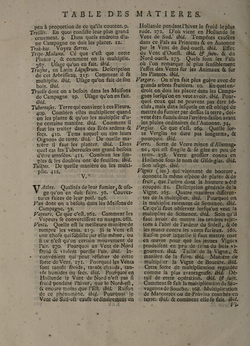 TABLE DES V MATIERES. peu à proportion de ce qu’ils coûtent. 9. Treillis. En quoi confille leur plus grand , ornement. 9. Dans quels endroits d’u. ne Campagne on doit les placer. 12. Trek-kas. Voyez Serres. Tripe^Madame. Ce que c’efl: que cette Plante , & comment on la multiplie. 367. Ufagc qu’on en fait. ibid. Troe/ne, qu LdLtïn Ligujîrum. Defcription de cet ArbrilTeaq. 215. Comment il fe multiplie, ibid. Ufage qu’on fait de fou bois. ibid. Truelle dont on a befoin dans les Maifons de Campagne. 29. Ufage qu’on en fait. ibid. Tubereufes. Terre qui convient à ces Fleurs. 409. Combien elles multiplient quand on les plante & qu’on les multiplie d’u¬ ne certaine manière, ibid. Comment il faut les traiter dans des Etés ardens & fecs. 410. Tems auquel ou tire leurs Oignons de terre, ibid. De quelle ma¬ nière il faut les planter, ibid. Dans quel cas les Tubereufes ont grand befoin d’étre arrofées. 411. Combien les fim- ples & les doubles ont de feuilles, ibid. Tulipes. De quelle manière on les multi¬ plie. 412. V.* V/iches. Qualités de leur fumie^ & ufa- ge qu’on en doit faire. yO. Couver¬ tures faites de leur poil. 246. Van dont on a befoin dans les Maifons de Campagne. 32. Vapeurs. Ce que c’eft. 262. Comment les Vapeurs fe convertilîent en nuages. 2d8. Vents. Quelle eft la meilleure manière de rompre les vents. 219. Si le Vent efl: une choie quifubfiftepar elle-même, ou li ce n’efl: qu’un certain mouvement de l’air. 270. Pourquoi un Vent de Nord froid & violent purifie l’air, ibid. In- • convénienc qui peut réfulcer de cette forte de Vent. 271. Pourquoi l.es Vents font tantôt froids, tantôt chauds, tan¬ tôt humides ou fecs. ibid. Pourquoi en Hollande le Vent de Nord n’efl: pas fi froid pendant l’hiver, que le Nord-eft, & encore moins que l’Efl:. ibid. Raifon de ce phénomène, ibid. Pourquoi le Vent de Sud-eft caufe ordinairement en I Hollande pendant l’hiver le froid le plus rude. 272. D’oii vient en Hollande le Vent de Sud. ibid. Tempêtes caufées dans ce Païs au Printems & en Autonne par le Vent de Sud oueft. ibid. Effet du Vent d’Oueft. ibid, ftiiv. & du Nord-oueft. 273. Quels font les Païs oïl l’on remarque le plus fenfiblement l’effet des Vents fur les Animaux ôc fur les Plantes, ibid. Vergers. On n'en fait plus guère avec de grands arbres fruitiers. 10. En quel en¬ droit on doit les placer dans les Campa¬ gnes lorfqu’on en veut avoir, ibid. Pour¬ quoi ceux qui ne peuvent pas être bê¬ chés , mais dans lefquels on eft obligé de mettre du fumier par deffus la terre, doi¬ vent être fumés dans l’arrière-faifon avant les pluies ordinaires de l’Autonne. 54. Verglas. Ce que c’eft. 269. Quelle for¬ te Verglas ne dure pas longtems, & pourquoi, ibid. Verre. Sorte de Verre mince d’Allemag¬ ne, qui eft fragile & fe gâte en peu de tems. 238. Verre groflier connu en Hollande fous le nom de Gilde^glas. ibid. Son ufage. ibid. Vignes (les) qui viennent de bouture, donnent la même efpèce de plante êtde fruit, que l’arbre dont la bouture a-étè coupée. 8r. Defcription générale de la Vigne. 165. Quatre manières différen¬ tes de la multiplier, ibid. Pourquoi on la multiplie rarement de Semence, ibid. Ce qu’il faut obferver lorfqu’on veut la multiplier de Semence, ibid. Soin qu’il faut avoir de mettre les tendres rejet- tons à l’abri de l’ardeur du Soleil, & de les munir contre les vents furieu.x. 166. Raifon pour laquelle il faut mettre tout en œuvre pour que les jeunes Vignes produifent en peu de tems du bois vi¬ goureux. ibid. Taille de la Vigne, & manière de la faire, ibid. Manière de multiplier la Vigne de Bouture, ibid. Cette forte de multiplication regardée comme la plus avantageule. ibid. Dé¬ tail de cette opération, ibid. 6? /uw. Comment fe fait la multiplication de Sau¬ vageons de Souche. 168. Multiplication de Marcottes ou de Provins couchés en terre; ibid.. & comment elle fe fait, ibid, . ■■ ' Vù