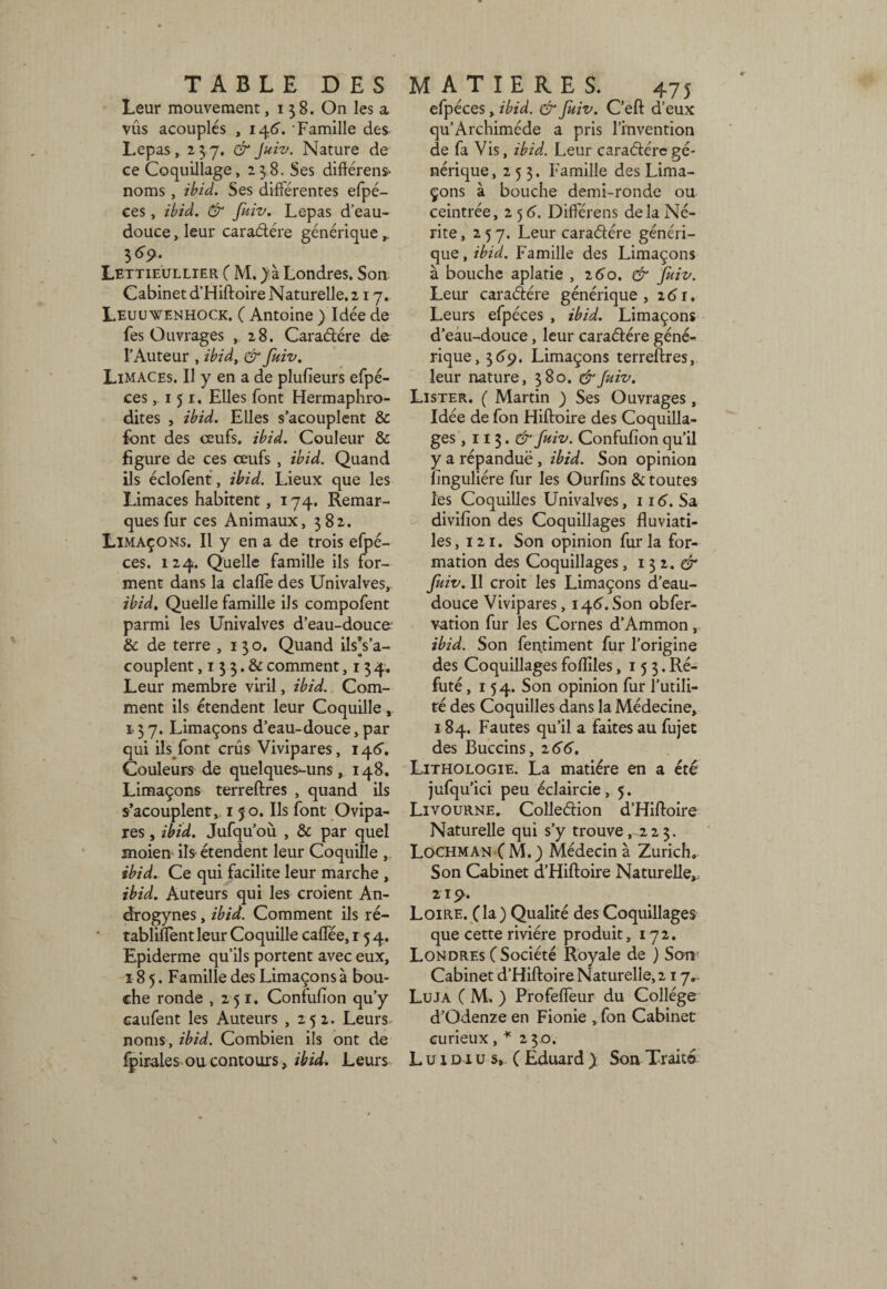 Leur mouvement ,158. On les a vûs acouplés , 146'. •Famille des Lepas, 15 7. & juiv. Nature de ce Coquillage ,238. Ses diflérenS' noms, ihiâ. Ses différentes efpé- ces, ibià. & [uiv. Lepas d’eau- douce, leur caradére générique ^ 5<^9. Lettieullier C M. Londres. Son Cabinet d’Hiftoire Naturelle. 217. Leuu WENHOCK. ( Antoine ) Idée de fes Ouvrages , 28. Caradére de l’Auteur , ibià^ & fuiv. Limaces. Il y en a de plufieurs efpé- ces ,151. Elles font Hermaphro¬ dites , ibid. Elles s’acouplent & font des oeufs, ibid. Couleur & figure de ces œufs, ibid. Quand ils éclofent , ibid. Lieux que les Limaces habitent, 174. Remar¬ ques fur ces Animaux, 582. Limaçons. Il y en a de trois efpé- ces. 124. Quelle famille ils for¬ ment dans la clalTe des Univalves, ibid. Quelle famille ils compofent parmi les Univalves d’eau-douce & de terre ,130, Quand ils’s’a- couplent, I 5 3. & comment ,134. Leur membre viril, ibid. Com¬ ment ils étendent leur Coquille, 137. Limaçons d’eau-douce, par qui ils^font crûs Vivipares, 146’. Couleurs de quelques-uns, 148. Limaçons terreftres , quand ils s’acouplent150. Ils font Ovipa¬ res , ibid. Jufqu’où , & par quel moien ils étendent leur Coquille , ibid.. Ce qui facilite leur marche , ibid. Auteurs qui les croient An- drogynes, ibid. Comment ils ré- tablifïent leur Coquille caffée, r 5 4. Epiderme qu’ils portent avec eux, 185. Famille des Limaçons à bou¬ che ronde , 2 51. Confufion qu’y caufent les Auteurs ,252. Leurs noms , ibid. Combien ils ont de fpirales on contours, ibid. Leurs efpéces, ibid. & fuiv. C’eft d’eux qu’Archiméde a pris l’invention de fa Vis, ibid. Leur caraéiérc gé¬ nérique, 253. Famille des Lima¬ çons à bouche demi-ronde ou ceintrée, 256. Difl'érens delà Nc- rite ,257. Leur caradére généri¬ que, ibid. Famille des Limaçons à bouche aplatie , 26^0. & Juiv. Leur caradére générique y i6î. Leurs efpéces , ibid. Limaçons d’eâu-douce, leur caradére géné¬ rique, 3<)9. Limaçons terreftres, leur nature, 380. &Jmv. Lister. ( Martin ) Ses Ouvrages, Idée de fon Hiftoire des Coquilla¬ ges , 11 3. fniv. Confufion qu’il y a répanduë, ibid. Son opinion finguliére fur les Ourfins & toutes les Coquilles Univalves, ii(^. Sa divifion des Coquillages fluviati- les, 121. Son opinion fur la for¬ mation des Coquillages, 13 2. fuiv. Il croit les Limaçons d’eau- douce Vivipares, 146'. Son obfer- vation fur les Cornes d’Ammon, ibid. Son fer^timent fur l’origine des Coquillages foflîles ,153. Ré¬ futé ,154. Son opinion fur l’utili- fé des Coquilles dans la Médecine, 184. Fautes qu’il a faites au fujet des Buccins, 2 6‘6’. Lithologie. La matière en a été jufqu’ici peu éclaircie, 5. Livourne. Colledion d’Hiftoire Naturelle qui s’y trouve ,225. Lochman CM.) Médecin à Zurich. Son Cabinet d’Hiftoire Naturelle,: 21^. Loire, (la) Qualité des Coquillages que cette rivière produit, 172. Londres (Société Royale de ) Son Cabinet d’Hiftoire Naturelle, 217.. Lu JA CM.) Profeffeur du Collège d’Odenze en Fionie ,fon Cabinet curieux, 2 3 0. L U X D1U s,- ( Eduard ) Son Traite