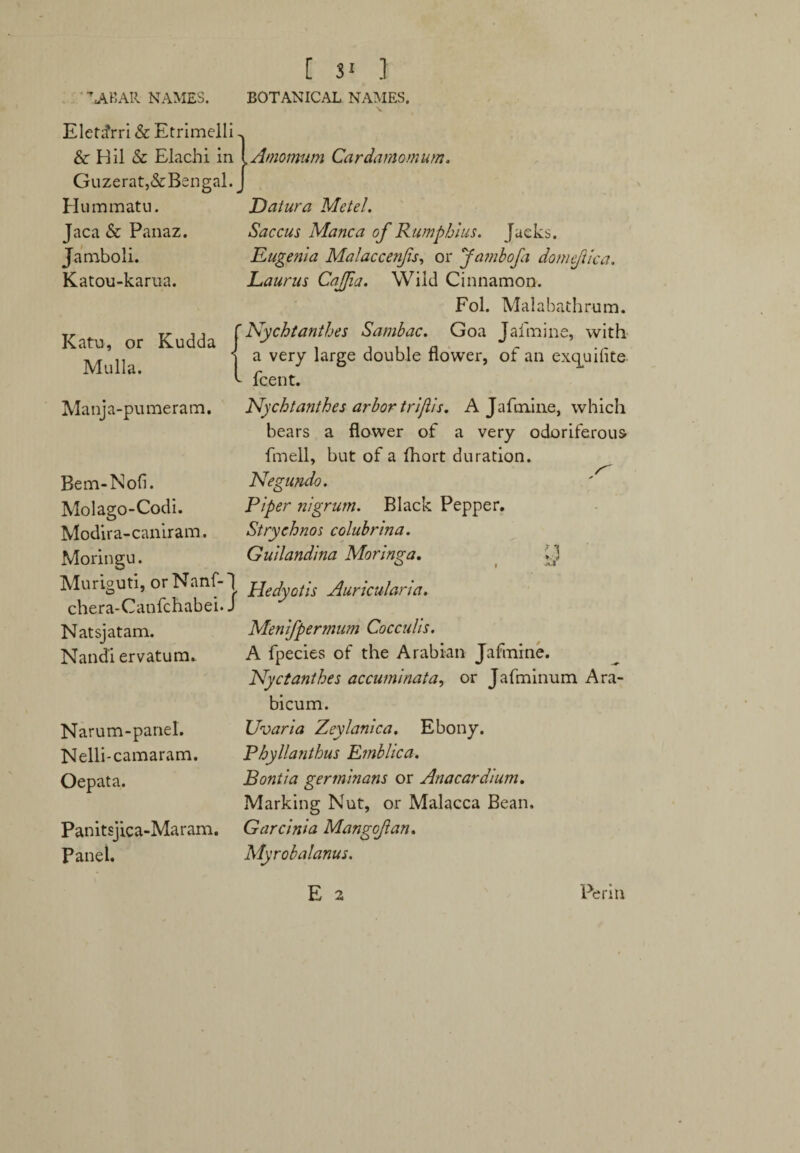 \ABAR NAMES. Elettfrri & Etrimelli & Hil & Elachi in Guzeratj&Bengal. Hummatu. Jaca & Panaz. Jamboli. Katou-karua. Katu, or Kudda Mulla. Manja-pumeram. Bern-Nob. Mo 1 ago-Cod i. Modira-caniram. Moringu. Muriguti, or Nanf-1 chera-Canfchabei. I Natsjatam. Nandi ervatum. Narum-panel. Nelli-camaram. Oepata. Panitsjica-Maram. Panel. [ 3‘ } BOTANICAL NAMES. , Amomum Cardarnomum. Datura Metel. Saccus Manca of Rumpbius. Jacks. Eugenia Malaccenfs, or Jambofa domejlica. Laurus CaJJia. Wild Cinnamon. Fol. Mai a bath rum. 'Nychtanthes Sambac. Goa Jafmine, with a very large double flower, of an exquiflte fcent. Nychtanthes arbor triflis. A Jafmine, which bears a flower of a very odoriferous fmell, but of a fhort duration. Negundo. Piper nigrum. Black Pepper. Strychnos colubrina. Guilandina Moringa, U Hedyotis Auriculana. Menifpermum Cocculis. A fpecies of the Arabian Jafmine. Nyctanthes accuminata, or Jafminum Ara- bicum. Uvaria Zeylanica. Ebony. Phyllanthus Emblica. Bontia germinans or Anacardium. Marking Nut, or Malacca Bean. Garcinia Mangofan. Myrobalanus.