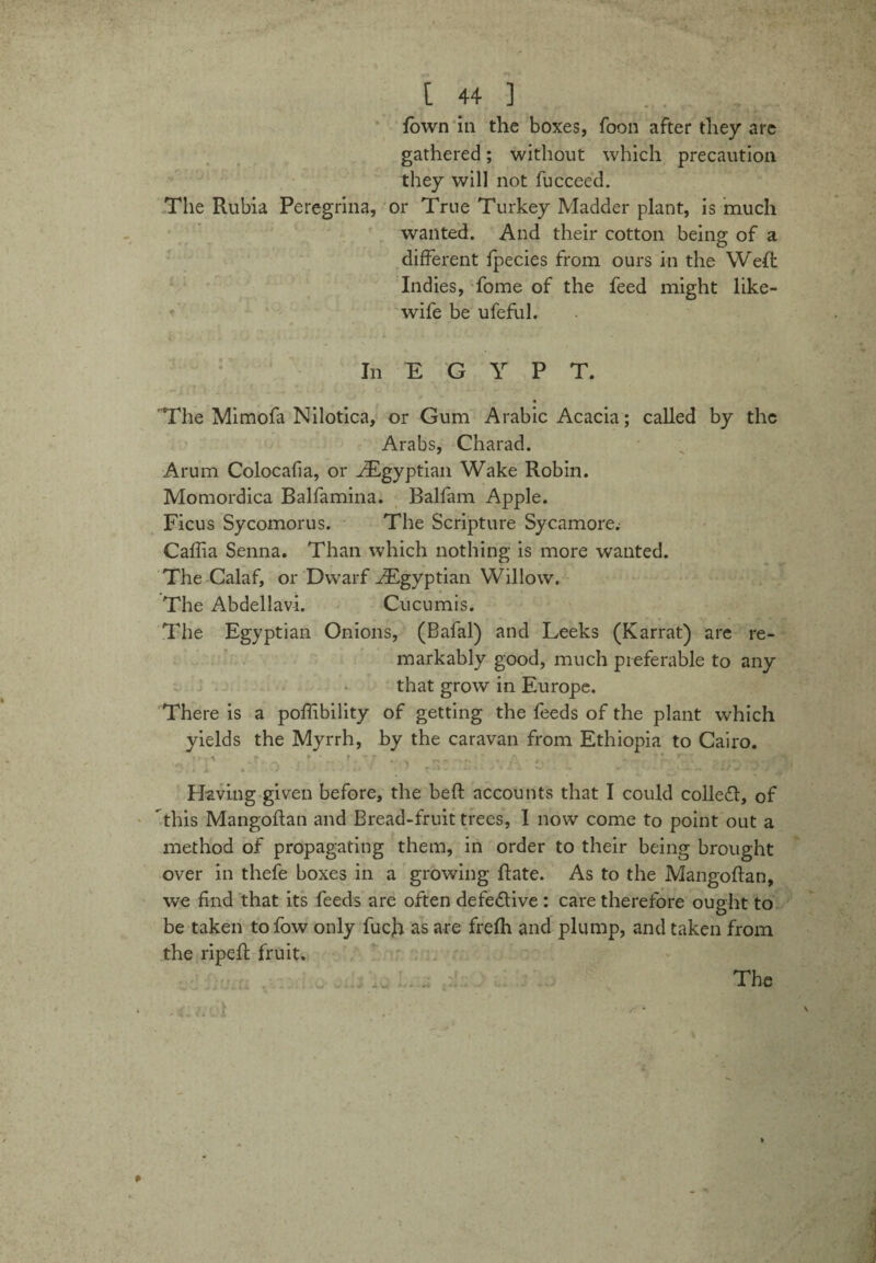 fown in the boxes, foon after they are gathered; without which precaution they will not fucceed. The Rubia Peregrina, or True Turkey Madder plant, is much wanted. And their cotton being of a different fpecies from ours in the Weft Indies, fome of the feed might like- wife be ufeful. In E G Y P T. 'The Mimofa Nilotica, or Gum Arabic Acacia; called by the Arabs, Charad. Arum Colocafia, or -Egyptian Wake Robin. Momordica Balfamina. Balfam Apple. Ficus Sycomorus. The Scripture Sycamore.- Caffia Senna. Than which nothing is more wanted. The Calaf, or Dwarf .Egyptian Willow. The Abdellavi. Cucumis. The Egyptian Onions, (Balal) and Leeks (Karrat) are re¬ markably good, much preferable to any that grow in Europe. There is a poffibility of getting the feeds of the plant which yields the Myrrh, by the caravan from Ethiopia to Cairo. „ »>:' -r. *;l < A a * * • * ' * * ** “ * ’' «** ** j Having given before, the bed: accounts that I could collefl, of this Mangoftan and Bread-fruit trees, I now come to point out a method of propagating them, in order to their being brought over in thefe boxes in a growing date. As to the Mangodan, we find that its feeds are often defe&ive : care therefore ought to be taken tofow only fuch as are frefli and plump, and taken from the riped fruit.