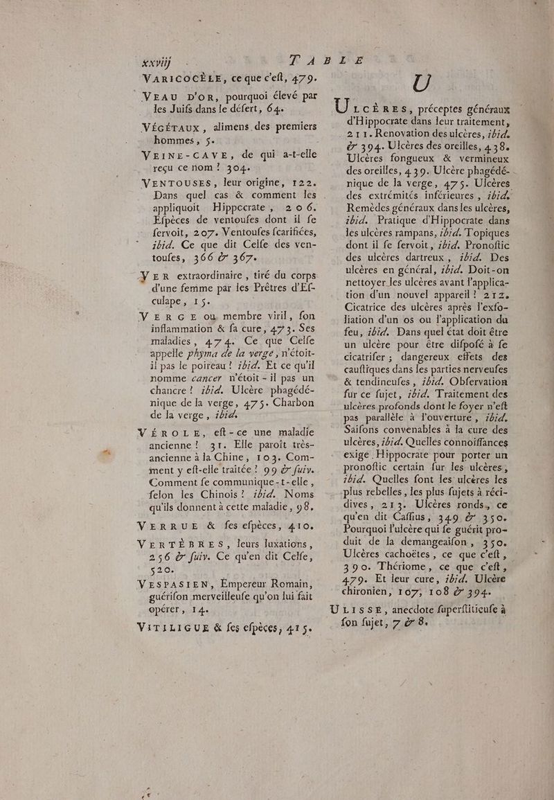 KXviÿ VARICOCÈELE, ce que c'eft, 479. VEAU D'or, pourquoi élevé par les Juifs dans le défert, 64 VÉGÉTAUX, alimens des premiers hommes, 5. VEINE-CAVE, de qui a-t-elle reçu ce nom ? 304. VENTOUSES, leur origine, 122. Dans quel cas &amp; comment les appliquoit Hippccrate , 2 o 6. Éfpèces de ventoufes dont il fe - fervoit, 207. Ventoufes fcarifiées, ibid. Ce que dit Celfe des ven- toufes, 366 à 367: d'une femme par les Prêtres d'Ef- culape, 15. VER GE où membre viril, fon inflammation &amp; fa cure, 4% 3. Ses maladies, 474. Ce que Celfe appelle phyma de la verge, n'étoit- il pas le poireau ! ibid. Et ce qu'il nomme cancer n'étoit-il pas un chancre! ibid. Ulcère phagédé- nique de la verge, 475. Charbon de la verge, ibid, VÉROLE, eft-ce une maladie ancienne? 31. Elle paroît très- ancienne à la Chine, 103. Com- ment y eft-elle traitée? 99 à7 fuiv. Comment fe communique-t-elle, felon les Chinois? 414. Noms qu’ils donnent à cette maladie, 98. VERRUE &amp; fes efpèces, 410. VERTÉBRES, leurs luxations, 256 à fuiy. Ce qu'en dit Celfe, 520. VESPASIEN, Empereur Romain, guérifon merveilleufe qu’on lui fait @pérer , 14e VITILIGUE &amp; fes efpéces, 415. Pa [8] U LCÈRES, préceptes généraux d'Hippocrate dans leur traitement, . 211.Renovation des ulcères, 1414, &amp; 394. Ulcères des oreilles, 438 Ulcères fongueux &amp; vermineux des oreilles, 4 39. Ulcère phagédé- . nique de la verge, 475. Ulcères des extrémités inférieures , 414 Remèdes généraux dans les ulcères, tbid. Pratique d'Hippocrate dans les ulcères rampans, 14/4. T'opiques dont ïl fe fervoit, 1414, Pronoftic des ulcères dartreux, 1414. Des ulcères en général, 1654. Doit-on nettoyer les ulcères avant lapplica- tion d’un nouvel appareil! 212. Cicatrice des ulcères après l’exfo- liation d'un os ou l'application du feu, ibid, Dans quel état doit être un ulcère pour être difpofé à fe cicatrifer ; dangereux effets des cauftiques dans les parties nerveufes &amp; tendineufes , 2614. Obfervation fur ce fujet, 1014. Traitement des ulcères profonds dont le foyer n’eft pas parallèle à l'ouverture , 7614, Saifons convenables à la eure des ulcères, 1414. Quellés connoiffances exige .Hippocrate pour porter un ronoftic certain fur les ulcères, 1bid. Quelles font les ulcères les plus rebelles, les plus fujets à réci- dives, 213. Ulcères ronds, ce qu'en dit Caflius, 349 &amp; 350. Pourquoi l’ulcère qui fe guérit pro- duit de la demangeaifon, 350. Ulcères cachoëtes , ce que c’eft, 390. Thériome, ce que c’eft, 479. Et leur cure, 18;4. Ulcère chironien, 107, 108 &amp; 394. UL1SSE, anecdote fuperftiticufe à