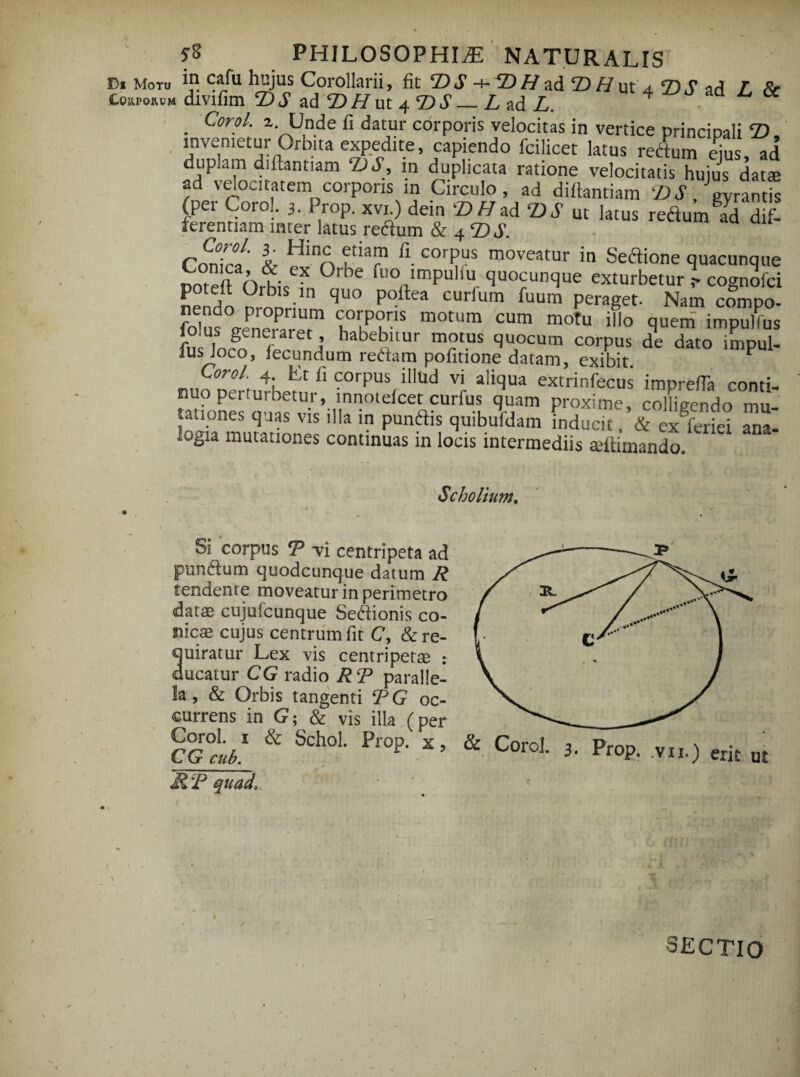 Di Motu in cafu hujus Corollarii, fit © S ■+■ © H ad © H ut 4 © J ad T 8r CoaroMM divifim © S ad © H ut 4 © J_L ad L. 4 . Cor?L U,n-de fi datur corporis velocitas in vertice principali ©, invenietur Orbua expedite, capiendo fcilicet latus redum eius, ad duplam diftantiam ©<5, m duplicata ratione velocitatis huius datte ad velocitatem corporis m Circulo, ad diftantiam ‘DS, gyrantis (per Corel. 3. Prop. xvi) dein ©©ad ‘DS ut latus redum ad dif¬ ferentiam inter latus redum & 4 © S. Cnn\rl' si- HiA f*3? fi- COrpus moveatur if> Sedione quacunque cordi ( )rhicCX °'De fl’° 1!mPul,u. quocunque exturbetur r cognofei nendo n-nnli' qU° P°ftea CUrfum fuum Peraget- Nam compo- nendo proprium corporis motum cum motu illo quem impulfus %aLsrrecj Mrr m,otus ^uocum c°tus dqe d“o C! ius Joco, fecundum redam pofitione datam, exibit 1 Corol. 4 Et fi corpus illud vi aliqua extrinfecus imprefla conti¬ nuo perturbetur, innotefeet curfus quam proxime, colligendo mu- taaones quas vis illa m pundis quibufdam inducit & exleriei ana logia mutationes continuas in locis intermediis teftimando Scholium. Si corpus <F -vi centri peta ad pundum quodcunque datum R tendenre moveatur in perimetro datae cujufcunque Seftionis co¬ nicae cujus centrum fit C, &re- uiratur Lex vis centripetae : ucatur CG radio RT paralle¬ la , & Orbis tangenti TG oc¬ currens in G; & vis illa (per Corol. i & Schol. Prop. x, CG cub. r R T quad\ SECTIO