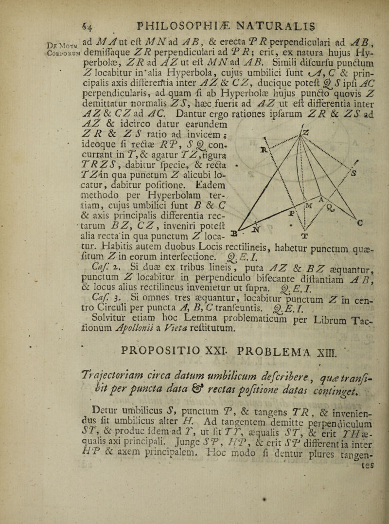 Df Motu M A \ii eff M N ad A E, & erecta T R perpendiculari ad AB, Corporum demiflaque ZR perpendiculari ad T R; erit, ex natura hujus Hy¬ perbolae, ZR ad AZ ut eff MN ad AB. Simili difcurfu pun&um Z locabitur in'alia Hyperbola, cujus umbilici funt , C & prin¬ cipalis axis differentia inter AZ & CZ, ducique poteff QS ipfi AC perpendicularis, ad quam fi ab Hyperbolae hujus pun&o quovis Z demittatur normalis ZS, haec fuerit ad AZ ut eff differentia inter AZ & CZ ad AC. Dantur ergo rationes ipfarum ZR & ZS ad AZ & idcirco datur earundem Z R 3z Z S ratio ad invicem ; ideoque fi redae RT, ^^con¬ currant in T,& agatur TZ, figura TRZS, dabitur fpecie, & reda TZin qua punctum Z alicubi lo¬ catur, dabitur pofitione. Eadem methodo per Hyperbolam ter¬ tiam, cujus umbilici funt B & C & axis principalis differentia rec- * tarum BZ, CZ, inveniri poteff alia recta in qua punctum Z loca¬ tur. Habitis autem duobus Locis rectilineis, habetur punctum qu$- fitum Z in eorum interfectione. ^ E. I. Caf. z. Si duae ex tribus lineis, puta AZ & B Z aquantur, punctum 2T locabitur in perpendiculo bifecante diftantiam A b\ & locus alius rectilineus invenietur ut fupra. -§KE. I. Caf. 3. Si omnes tres aequantur, locabitur punctum ^ in cen¬ tro Circuli per puncta A, B, C tranfeuntis. E. [. Solvitur etiam hoc Lemma problematicum per Librum Tac¬ tionum Apollonii a Vieta reffitutum. PROPOSITIO XXI. PROBLEMA XIII. Trajector tam circa datum umbilicum defcribere, qiuetranfi- bit per puncta data & rectas pofitione datas continget. Detur umbilicus Sf punctum 5P, & tangens TR , & invenien¬ dus fit umbilicus alter H. Ad tangentem demitte perpendiculum ST, & produc idem ad r, ut fit 7T, aequalis ST, & erit 777 se - qualis axi principali, junge ST, ET, & erit ST differentia inter hT & axem principalem. Hoc modo fi dentur plures tangen¬ tes