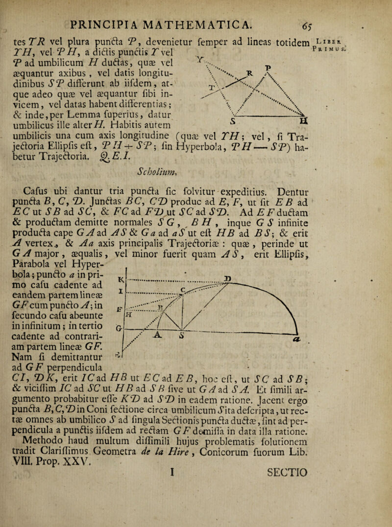 Cafus ubi dantur tria punda fic folvitur expeditius. Dentur punda B, C, T). Jundas BC, CT) produc ad E, F, ut fit E B ad FC ut SB ad SC, & FC ad FZ> ut ^Cad S(D. Ad EF dudam & produdam demitte normales S G , Fi/, inque G ^ infinite produda cape G^/ad AS & G a ad aS ut eft HB ad B S; & erit A vertex., & A a axis principalis Trajedoriae : quae , perinde ut GA major, aequalis, vel minor fuerit quam AS, erit Ellipfis, Parabola vel Hyper- bola; pundo a in pri¬ mo cafu cadente ad eandem partem lineae GFcum pundo in fecundo cafu abeunte in infinitum; in tertio cadente ad contrari¬ am partem lineae GF. Nam fi demittantur ad GF perpendicula C/, *DK, erit /Cad HB ut EC ad E B, hoc eft, ut SC ad SB; & viciftim IC ad SC ut H B ad S B five ut GA ad S A. Et fimili ar¬ gumento probabitur effe K'D ad ST) in eadem ratione. Jacent ergo punda in Coni fedione circa umbilicum Jhtadefcripta, ut rec- t^ omnes ab umbilico S ad fingulaSectionispunda dudae,fint ad per¬ pendicula a pundis iifdem ad redam GFdemifla in data illa ratione. Methodo haud multum diflimili hujus problematis folutionem tradit Clariffimus Geometra de la Hire , Conicorum fuorum Lib. VIII, Prop. XXV. tes TR vel plura punda F, devenietur femper ad lineas totidem TH, vel Fi/, a didis pundis Tvel F ad umbilicum H dudas, quae vel aequantur axibus , vel datis longitu¬ dinibus ST differunt ab iifdem, at¬ que adeo quae vel aequantur fibi in¬ vicem , vel datas habent differentias; & inde,per Lemma fuperius, datur umbilicus ille alteri/. Habitis autem umbilicis una cum axis longitudine (quae vel TH; vel, fi Tra- jedoria Ellipfis eft, T H -i- ST-, fin Hyperbola, TH— ST) ha¬ betur Trajedoria. ^F.i. Scholium, Liber. Primus I SECTIO