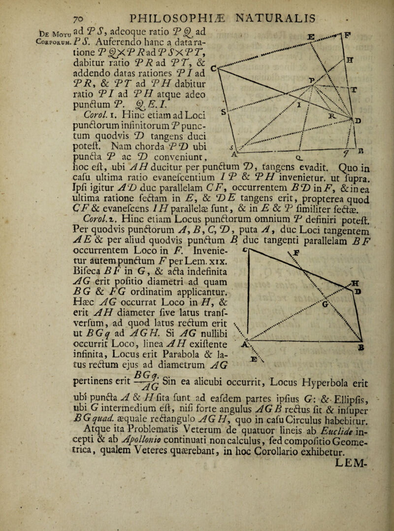 'De Moru ad RS, adeoque ratio R ad Coiporum. F S. Auferendo hanc a data ra¬ tione R £X R R ad R JTX R T, dabitur ratio RR ad RTy & addendo datas rationes RI ad RR* & RT ad R //dabitur ratio RI ad R H atque adeo punflum R. 6Z E. /. Coro/, i. Hinc etiam ad Loci pun&orum infinitorum R punc¬ tum quodvis T) tangens duci poteft. Nam chorda RD ubi pundra R ac 7) conveniunt, hoc eft, ubi AH ducitur per pundtum 7), tangens evadit. Quo in cafu ultima ratio evanefcentium 1R & RH invenietur, ut fupra. Ipfi igitur A D duc parallelam CF> occurrentem BD in F, &inea ultima ratione fediam in E, & DE tangens erit, propterea quod CFtk evanefcens ///parallelae funt, & in E & R fimiliter fedtae. Corol.z. Hinc etiam Locus punctorum omnium R definiri poteft. Per quodvis punftorum A,B,C,D, puta A, duc Loci tangentem A E & per aliud quodvis punftum B duc tangenti parallelam B F occurrentem Loco in F. Invenie¬ tur autem pun&um FperLem.xix. Bifeca B F in G, & adda indefinita AG erit pofitio diametri ad quam BG & FG ordinatim applicantur. Haec AG occurrat Loco in /7, & erit AH diameter five latus tranf- verfum, ad quod latus re&um erit ut BGq ad AGH. Si AG nullibi occurrit Loco, linea AH exiflente infinita, Locus erit Parabola & la¬ tus re&um eius ad diametrum AG BGq pertinens erit —A/ Sin ea alicubi occurrit, Locus Hyperbola erit ubi pun&a A & //fita funt ad eafdem partes ipfius G: & Ellipfis, ubi G intermedium eft, nifi forte angulus AG B reftus fit & infuper BGquad. aequale reftangulo AGH^quo in cafu Circulus habebitur. Atque ita Problematis Veterum de quatuor lineis ab Euclide in- cepti & ab Apollonio continuati non calculus, fed compofitio Geome¬ trica, qualem Veteres quaerebant, in hoc Corollario exhibetur. LEM-
