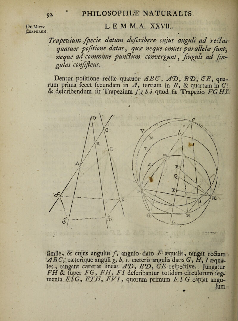 9* LEMMA XXVII., Trapezium fpecie datum defcribere cujus anguli ad reBas quatuor pofitione datas, qua neque omnes parallela funt, neque ad commune punBum convergunt, fmgidi ad fin- gulas confiflent. - • Dentur pofitione reftae quatuor ABC, AT), BT>, CE, qua¬ rum prima fecet fecundam in A, tertiam in B, & quartam in Ci & defcribendum fit Trapezium fg b i quod fit Trapezio FGHI fimile, & cujus angulus/, angulo dato F sequalis, tangat reftam ABC; caeterique anguli £, h, i. ceteris angulis datis G> H,Iaequa^ les, tangant eaeteras lineas AT), BT), CE refpe&ive. . Jungatur FH & fuper FG, FH, FI defcribantur totidem circulorum feg- menta FSG, FTH, FVI, quorum primum FSG capiat angu¬ lum