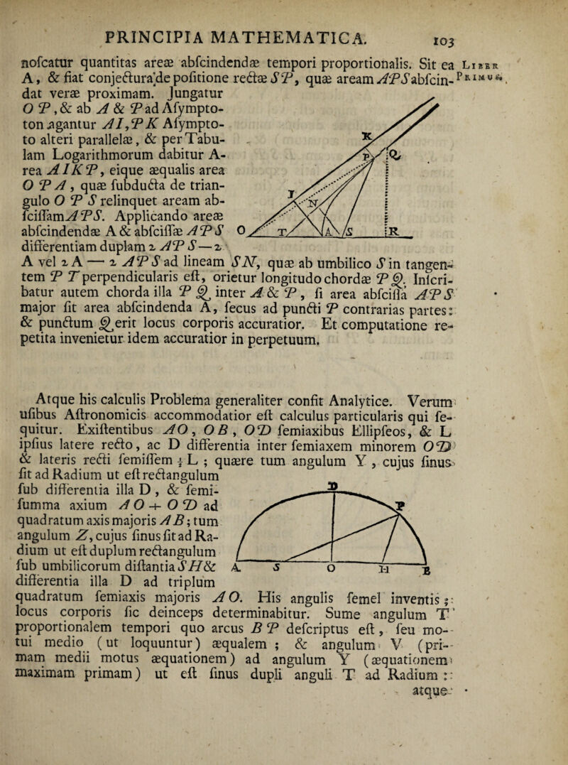 nofcatur quantitas areae abfcindendae tempori proportionalis. Sit ea A, &fiat conjedura/le politione redae SP, quae areamAPSibfcin- dat verae proximam. Jungatur O P, & ab A & P ad Afympto- ton .agantur AI,PK Afympto- to alteri parallelae, & per Tabu¬ lam Logarithmorum dabitur A- rea AIKP, eique aequalis area O P A, quae fubduda de trian¬ gulo O P S relinquet aream ab- fciffamATS. Applicando areae abfcindendae A & abfciffae AP S differentiam duplam z A P S—z A vel z A — z AP S ad lineam SN, quae ab umbilico A in tangen-» tem P T perpendicularis eft, orietur longitudo chordae PQ. Inferi - batur autem chorda illa P ^ inter A & P , fi area abfciffa APS major fit area abfcindenda A, fecus ad pundi P contrarias partes: & pundum icerit locus corporis accuratior. Et computatione re¬ petita invenietur idem accuratior in perpetuum. Liber Primus. Atque his calculis Problema generaliter confit Analytice. Verum ufibus Aftronomicis accommodatior eft calculus particularis qui fe- quitur. Exiftentibus AO, OB , OT> femiaxibus Ellipfeos, & L ipfius latere redo, ac D differentia inter femiaxem minorem 05D & lateris redi femiffem i L ; quaere tum angulum Y , cujus finus> fit ad Radium ut eft redangulum fub differentia illa D , & femi- fumma axium A O -4- O T) ad quadratum axis majoris AB-, tum angulum cujus finus fit ad Ra¬ dium ut eft duplum redangulum fub umbilicorum diftantiaAi/& differentia illa D ad triplum quadratum femiaxis majoris AO. His angulis femel inventis?: locus corporis fic deinceps determinabitur. Sume angulum T’ proportionalem tempori quo arcus B P defcriptus eft, feu mo¬ tui medio (ut loquuntur) aequalem ; & angulum* V (pri¬ mam medii motus aequationem) ad angulum Y (aequationem» maximam primam) ut eft finus dupli anguli T ad Radium :: , atque-1 •