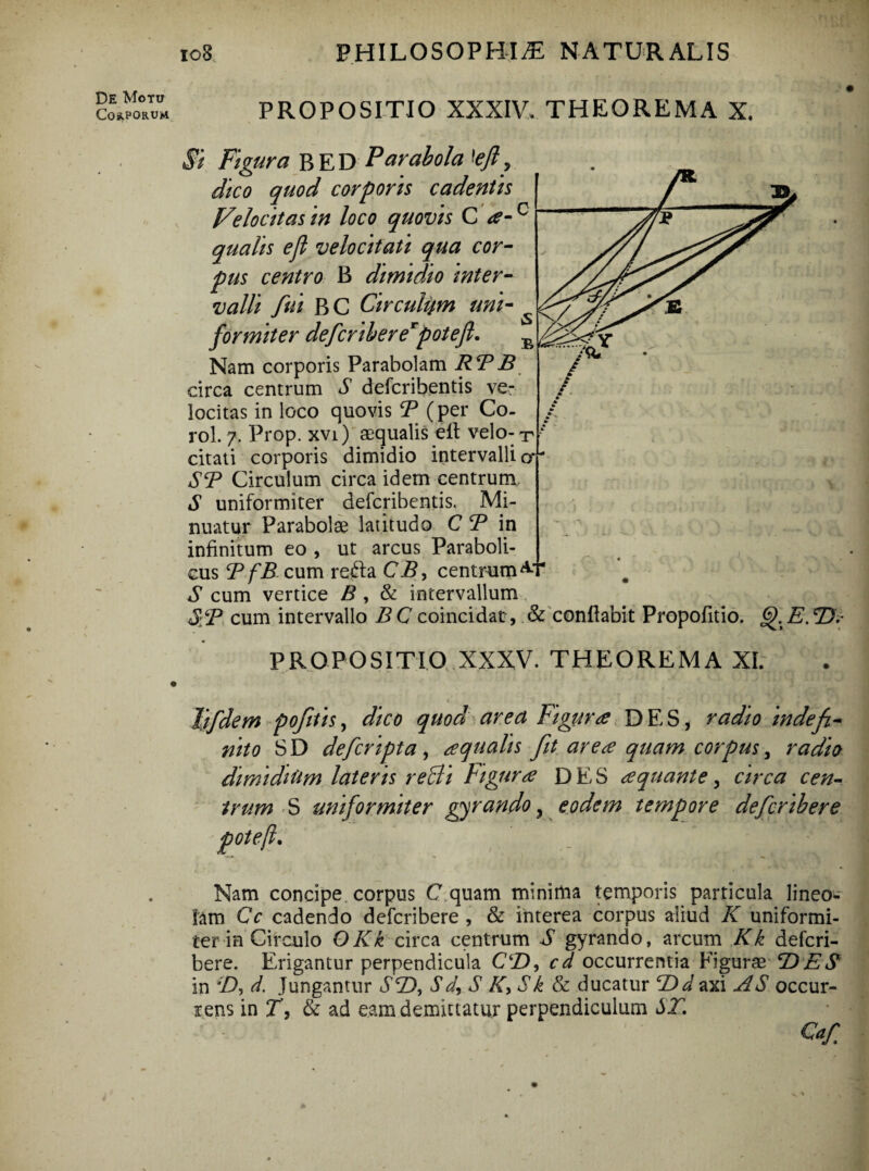 Cos.por.um 108 PHILOSOPHIA NATURALIS PROPOSITIO XXXIV. THEOREMA X. Si Figura B E D Parabola \eft, dico quod corporis cadentis Velocitas in loco quovis C a-° qualis efl velocitati qua cor¬ pus centro B dimidio inter¬ valli fui B C Circulem uni- formiter defcribereTpotefl. s Nam corporis Parabolam RTB circa centrum S defcribentis ve^ locitas in loco quovis T (per Co- rol. 7. Prop. xvi) aequalis efl: velo--r citati corporis dimidio intervalli o* ” ST Circulum circa idem centrum, S uniformiter defcribentis. Mi¬ nuatur Parabolae latitudo C T in infinitum eo , ut arcus Paraboli- cus TfB cum refla CB, centrum S cum vertice B, & intervallum S:T cum intervallo BC coincidat, & conflabit Propofitio. PROPOSITIO XXXV. THEOREMA XI. ••• s./ CL E. T). 1’tfdem pofitis, dico quod area Figura DES, radio indefi- nito SD defcnpta, aqualis fit area quam corpus > radia dimiditim lateris reBi Figura D E S a quante, circa cen¬ trum S uniformiter gyrando ? eodem tempore defcribere poteft. Nam concipe corpus C quam minima temporis particula lineow lam Cc cadendo defcribere , & interea corpus aliud K uniformi¬ ter in Circulo OKk circa centrum S gyrando, arcum Kk defcri¬ bere. Erigantur perpendicula C‘Z), cd occurrentia Figurae T) ES in ‘D, d. Jungantur ST), S d, S Ky S k & ducatur T) d axi AS occur¬ rens in Jy & ad eam demittatur perpendiculum ST. Caf