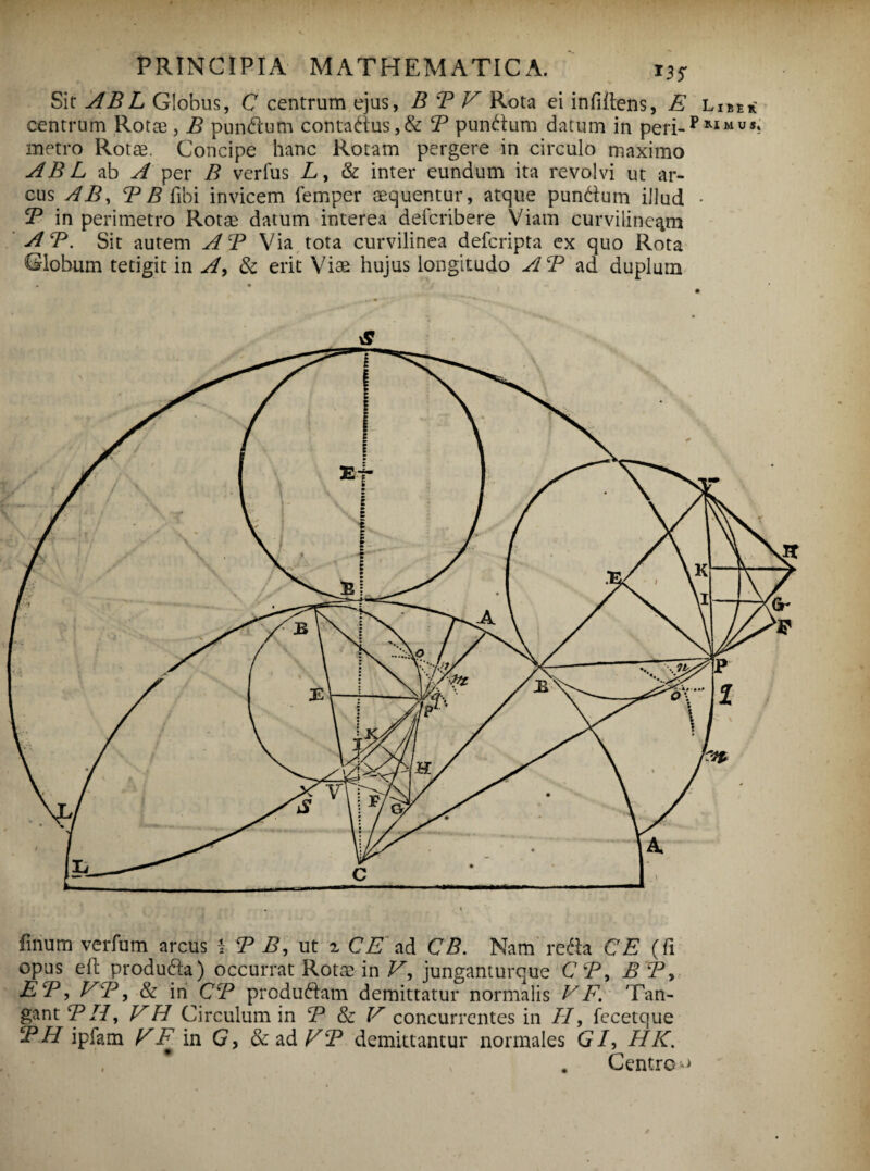 Sit ABL Globus, C centrum ejus, B B V Rota ei infdtens, E Lire* centrum Rota?, B pundum contadus,& T pundum datum in peri-PMMU^ metro Rotae. Concipe hanc Rotam pergere in circulo maximo ABL ab A per B verfus L, & inter eundum ita revolvi ut ar¬ cus AB, B B iibi invicem femper sequentur, atque pundum illud • B in perimetro Rotae datum interea defcribere Viam curviline^m AB. Sit autem AB Via tota curvilinea defcripta ex quo Rota Globum tetigit in A> & erit Viae hujus longitudo AB ad duplum linum verfum arcus \ B B, ut i CE ad CB. Nam redla CE (fi opus eft produda) occurrat Rotae in F, junganturque C B, B B> EB, VB, & in CjP produdam demittatur normalis VF. Tan¬ gant ?//, VH Circulum in B & V concurrentes in //, fecetque B H ipfam C F* in G, & ad EB demittantur normales G/, HK. Centro o