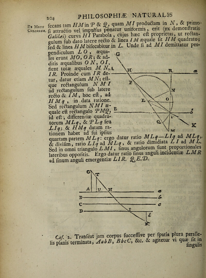 C0B.p0K.UM, 104 PHILOSOPHIA NATURALJrS fecans tam HM in T & & quam MI produdam in N, & primo fi attradio vel impulfus ponatur uniformis, erit (ex demonltratis GaliUi) curva HI Parabola, cujus haec eft proprietas, ut redam oulum fub dato latere redo & linea IM squale fit HM quadrato; fed & linea //A/bifecabitur in L. Unde fi ad MI demittatur pes- pendiculum L O , aequa- ~ les erunt MO, 0R;& ad- \ ditis tequalibus ON, 01, ' fient totae aequales M N,x JR. Proinde cum IR de-- tur, datur etiam MN-, eft- que redangulum N MI ad redangulum fub latere redo & 1M, hoc eft , ad H M q , in data ratione. Sed redangulum NMI ae¬ quale eit redangulo RM^? id eft, differendae quadra¬ torum MLq, RLq feu LJq; & HMq datam ra¬ tionem habet ad fui ipfius # T , , r quartam partem MLq: ergo datur ratio MLq—LIq id MLq, & divifim, ratio LIq ad MLq, & ratio dimidiata L I ad M L. Sed in omni triangulo LMl, tinus angulorum funt proportionales lateribus oppolitis. Ergo datur ratio finus angult-incidentia; LMR ad finum anguli emergendae L1 R. §^E,ID. M c 'I 1 Tranfeat jam corpus fuccefftve per fpatia plura paralie- lis planis terminata, AabB, BbcC, &c. & agitetur vi qu*fitm I