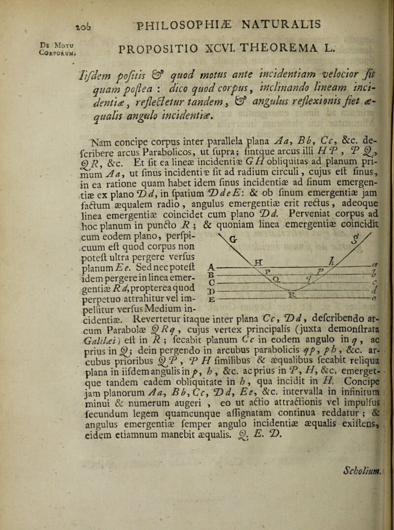 Corporum» LOb PHILOSOPHIA NATURALIS PROPOSITIO XCVI. THEOREMA L. lifdem pofltis &* quod motus ante incidentium velocior Jit quam pojlea : dico quod corpus, inclinando lineam inci¬ denti te > refleBetur tandem, S? angulus reflexionis Jiet ae¬ quatis angulo incidenti£. Nam concipe corpus inter parallela plana Aa, Bb, Cc, &c. de- fcribere arcus Parabolicos, ut lupra; fintque arcus illi HR , R 6) R, &c. Et fit ea lineae incidentis G 2/ obliquitas ad planum pri¬ mum A a, ut finus incidenti* fit ad radium circuli, cujus eft finus, in ea ratione quam habet idem finus incidenti* ad finum emergen¬ ti* ex plano T> d, in fpatium T)deE\ & ob finum emergenti* jam fa&um squalem radio, angulus emergenti* erit reftus, adeoque linea emergenti* coincidet cum plano T>d. Perveniat corpus ad hoc planum in pun&o R ; & quoniam linea emergenti* coincidit cum eodem plano, perfpi- cuum eft quod corpus non poteft ultra pergere verfus planum E e. Sed nec poteft idem pergere in linea emer¬ genti* R d, propterea quod perpetuo attrahitur vel im¬ pellitur verfus Medium in¬ cidenti*. Revertetur itaque inter plana Cc, R)d, defcribendo ar¬ cum Parabol* QRq , cujus vertex principalis (juxta demonftrata GaliUl) eft in R ; fecabit planum Cc in eodem angulo in q, ac prius in dein pergendo in arcubus parabolicis qp, pb, &c. ar¬ cubus prioribus §JP , R H fimilibus & squalibus fecabit reliqua plana in iifdemangulis in/, h, &c. ac prius in‘P ,//, &c. emerget- que tandem eadem obliquitate in h, qua incidit in H. Concipe jam planorum Aa, Bb,Cc, T>d, Ee, &c. intervalla in infinitum minui & numerum augeri , eo ut atftio attra&ionis vel impulfus fecundum legem quamcunque aftignatam continua reddatur ; & angulus emergentis femper angulo incidentis squalis exiitens, eidem etiamnum manebit squalis. E. R). Scboliutn,