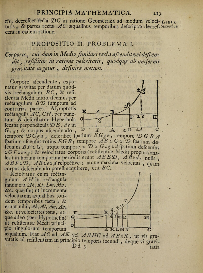 > ris, decrefcet rte&a T> C in ratione Geometrica ad modum veloci-l ibi»* tatis, & partes reda* AC aequalibus temporibus defcriptae decref- Sbcundu*,’ cent in eadem ratione. PROPOSITIO III. PROBLEMA I. Corporis, cm dum m Medio fimilan reBa afcendit veldefcen~ dit, refijlitur in ratione velocitatis, quodqume ab uniformi gravitate urgetur , definire motum. *} l i l A 4 j . . V Corpore afcendente , expo¬ natur gravitas per datum quod¬ vis redtangulum BC, & refi- ilentia Medii initio afcenfusper redangulum BT> fumptum ad contrarias partes. Afymptotis re&angulis AC, CH, per punc¬ tum B defcribatur Hyperbola fecans perpendicula® E, de in _|_ G, g; & corpus afcendendo , ^ d A & B -d & tempore T)Ggd , defcribet fpatium EGge , tempore 'D G B A fpatium afcenfus totius EG B; tempore AB z G z 'T> fpatium de- fcenfus BF z G, atque tempore z T) z G zg z d fpatium defcenfus zGFzezg: & velocitates corporis (refiilenti ae Medii proportiona¬ les) in horum temporum periodis erunt ABE^D, ABed, nulla , ABFzT), ^j^iei^refpeciive ; atque maxima velocitas , quam corpus defcendendo potelt acquirere, erit BC. Refolvatur enim redlan- gulum yJ H in recfhngula innumera Ak, Kl, Lfn, Mn, &c. quaefint ut incrementa velocitatum aequalibus toti-, dem temporibus fada ; & erunt nihil, Ak, AI, Am, An, &c. ut velocitates totae, at¬ que adeo (per Hypothefm) ut refitfentiae Medii princi¬ pio fingulorum temporum —AracLMlT aequalium. Fiat AC ad AK vel ABFIC ad ABkK, ut vis gra¬ vitatis ad lelmentiam in principio temporis fecundi, decjue vi gravi- Dd 3 ' tatis