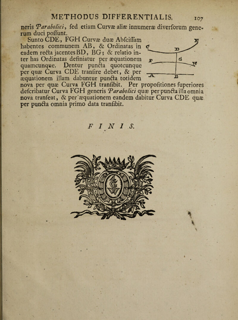 neris *Parabo lici, fed etiam Curvae aliae innumerae diverforum gene¬ rum duci pofiunt. Sunto CDE, FGH Curvae duae Abfciflam habentes communem AB, & Ordinatas in eadem reda jacentes BD, BG; & relatio in¬ ter has Ordinatas definiatur per aequationem quamcunque. Dentur punda quotcunque per quae Curva CDE tranfire debet, & per aequationem illam dabuntur punda totidem nova per quae Curva FGH tranfibit. Per propofitiones fuperiores defcribatur Curva FGH generis Tarabolici quae per punda illa omnia nova tranfeat, & per aequationem eandem dabitur Curva CDE quae per punda omnia primo data tranfibit. FINIS. #