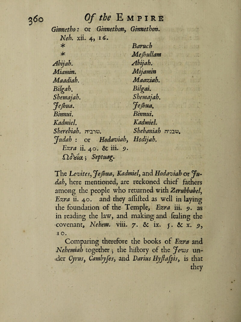 Ginnetho: or Ginnethony Ginnethon. Neh. xii. 4, i£. * Baruch * Mejhullam Abijah. Abijah. Miamin. Mijamin Maadiah. Maaziah. Bilgah. Bilgai. Shemajah. Shemajah. Jejhua. Jejhua. Binnui. Binnui. Kadmiel. Kadmiel. Sherebiah. ri'inu. Shebaniah JTjnu, Judah : or Hodaviah, Hodijah. Ezra ii. 40. 6c iii. n&ta) Septuag. The Leuites, Jejhua, Kadmiel, and Hodaviah or Ju¬ dah, here mentioned, are reckoned chief fathers among the people who returned with Zerubbabel, Ezra ii. 40. and they affifted as well in laying the foundation of the Temple, Ezra iii. <?. as in reading the law, and making and fealing the covenant, Nehem. viii. 7. 6c ix. 5. 6c x. 1 o. Comparing therefore the books of Ezra and Nehemiah together ^ the hiftory of the Jews un¬ der Cyrus, Cambyfes, and Darius Hyjlafpis, is that they /