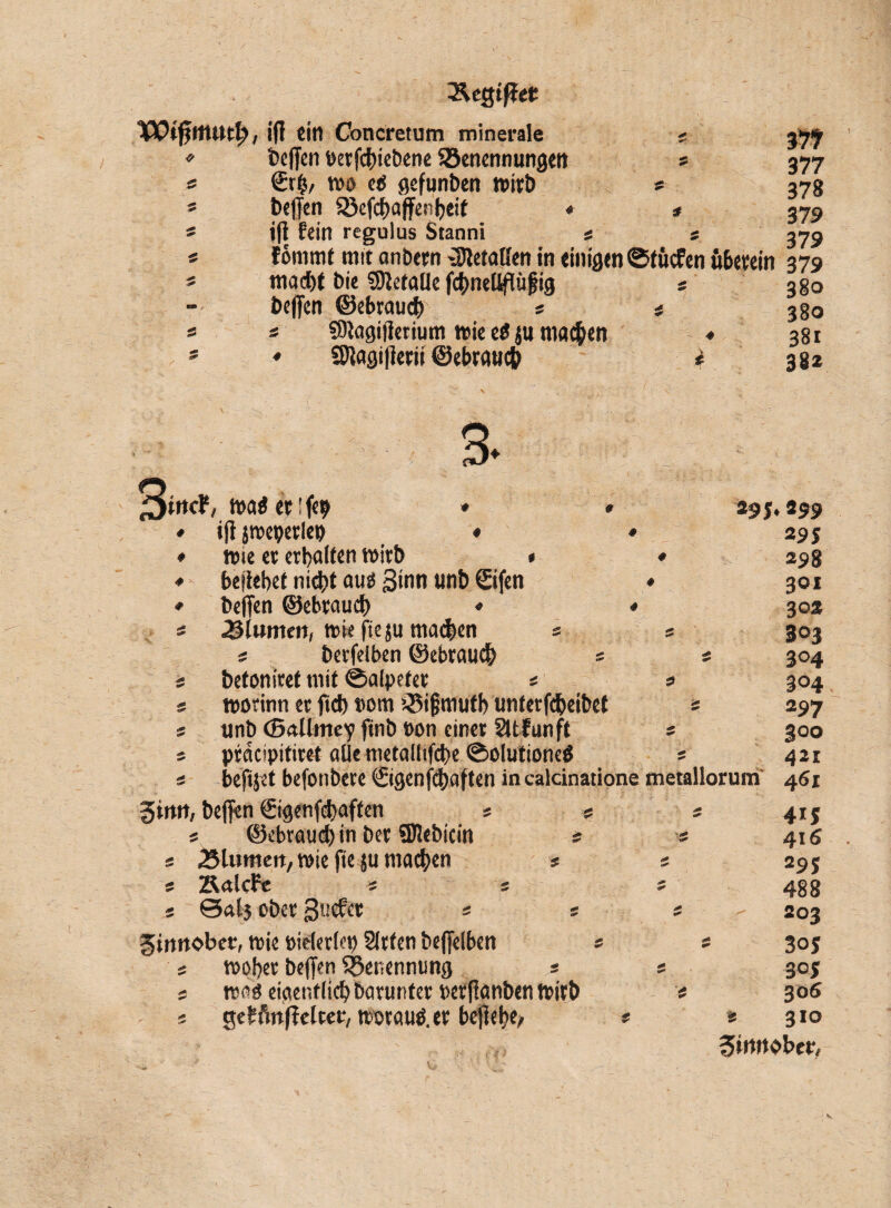 J&egißet VOifittUltl), iß ein Concretum minerale s * beßen betfchiebene ^Benennungen s 5 €tfs, wo eö gefunden wirb s * bej|en Söefcfjaffenljeit * * ' ifl fein rcgulus Stanni # s s fommt mit anbetn xDletaßen in einigen ©fucfen überein 5 macht bie befalle fdjmeßßüfig ; be||en ©ebrauch ; * « ; SOiagißerium wie etf ju machen ♦ * ♦ SJiagißerii ©ebrauch 4 377 378 379 379 379 380 380 381 382 3. 3>n<f. wad etI fep * ♦ i|i jweperlep ♦ * ♦ wie et erhalten wirb * * * beliebet nicht aut ginn tmb ©fen ♦ * beßen ©ebrauch ♦ * s «Blumen, wie fteju machen ^ s s berfeiben ©ebrauch s s t befonitet mit ©alpefet ; » s worinn er fiel) Dom iBijjmutb unterfd&eibet s ; unb (SftUmey ftnb »on einer Sltfunft s s prdcipitiret alle metallifcbe ©olutioncd s 0 beßjet befonbere ©genfehaften in calcinatione metallorum Sinn, beßen ©genfehaffen s 5 ©ebraud) in bet Sßlebicin 5 Blumen, wie fie ju machen * s ÄalcFe i s 5 ©al} ober liefet s s # Zinnober, wie »ielerlep Sitten beßelben * s woher beßen Benennung s ; ; ms eigentlich barunter »erßanben wirb « s geffinßelter, worauä.et beßebe, * £ <*> 29 j, 299 295 298 301 302 303 304 304 297 300 421 461 4x5 416 295 488 203 3oj 305 306 310 Zinnober, *