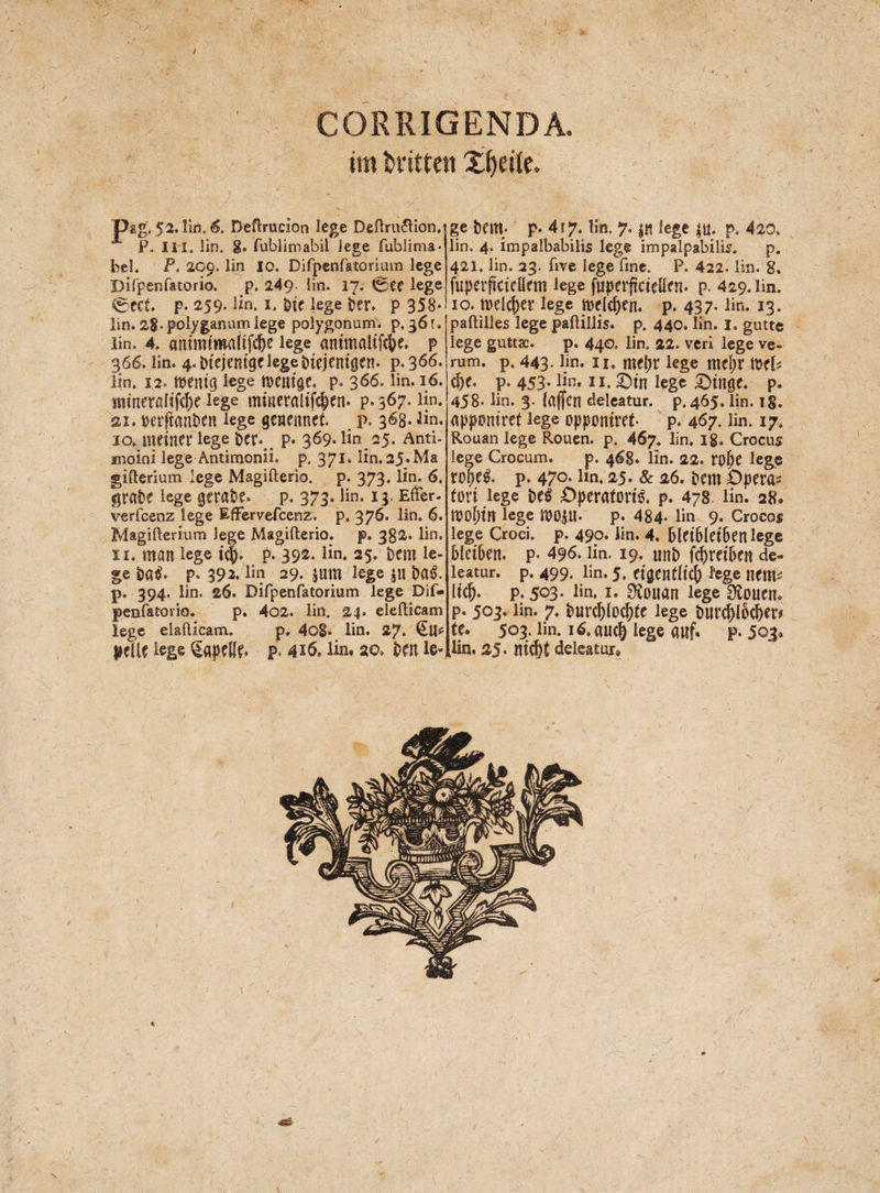 '•V; • *V / CORRIGENDA. im dritten Xfyeifc. I. . ' ■- ' ' -i . - . > ’ '• . 'Dag, 52. lin. 6. Deflrucion lege Deftru&ion, P., III» lin, 8. fubümabii lege fublima- beb Pi 209. lin io. Difpenfatörium lege Difpenfatorio. p. 249. lin. 17. 0CC lege ®rct* p. 259, lin. 1. Die lege ber. p 358* lin. 2$. polyganum lege polygonum. p, 36 r. lin, 4. «nimiroalifche lege animalifc&e. p 366. lin. 4. DCejcm'ge lege biejenigen. p.366. lin. 12. tKntg lege menige. p. 3^' ün.IÖ- mineraüfdK lege mitteralifcben. p. 367. lin. ai. oetftanben lege genennef. i>, 363. lin. 10. meinet* lege t>er* p. 369. lin 25. Anti- inoini lege Antimonii. p. 371. lin.25.Ma gifterium lege Magifterio. p. 373. lin. 6. grabe lege gerabe* p. 373. lin. 13, EfFer- verfeenz lege EfFervefcenz. p, 376. lin. 6. Magifterium lege Magifterio. p. 382. lin. 11. man lege ic§. p. 392, lin. 25. bem le¬ ge ba$* p. 392. lin 29. |um lege $u bal p. 394. lin. 26. Difpenfatorium lege Dif- penfatorio. p. 402. lin. 24. elefticam lege elaflicam. p» 4o§. lin. 27. (Eu* gelle lege Sapelfc p. 416» ün. 20» ben le¬ ge bem- p. 417. ün. 7.1« lege in. p. 420. lin, 4. impalbabiüs lege impalpabilk. p. 421. lin, 23. üve lege fine. P. 422, lin. 8. fuperffcicüem lege fuperffcieEen. p. 429. lin. 10. welcher lege melden, p. 437. ün. 13. paftilles lege paftillis. p. 440. lin. 1. gutte lege guttse. p. 440. Ün. 22. veri lege ve¬ rum. p. 443- ün. 11. meljr lege mehr n?ef* d)c. p. 453- !jn« 11. ©in lege SMnge. p. 458, lin. 3. (affen deleatur. p. 465. lin, i§. ap^ontret lege opponiret* p. 467. lin. 17. Rouan lege Rouen, p. 467. lin. lg. Crocus lege Crocum. p. 468. lin. 22. rolje lege rc|)e& p. 470. lin. 25. & 26. bem Opera* fori lege be$ OperaforiS, p. 478 lin. 28. mofjin lege mo|U- p. 484- lin 9. Crocos lege Croci. p. 490. ün. 4. bleibletbenlegc bleiben, p- 496. ün. 19. unb febreiben de- leatur. p. 499. ün. 5. eigentlich kge nem* lieb. p. 503- ün, 1. 0£ouan lege 0£ouen* p. 503. ün. 7. bnrcblocbfe lege burchlbcher* fe. 503. lin. 16. auch lege auf» p. 503» lin. 25 - md)t dekatur» •; ■ ' ^ x r, '■ *r. \ X