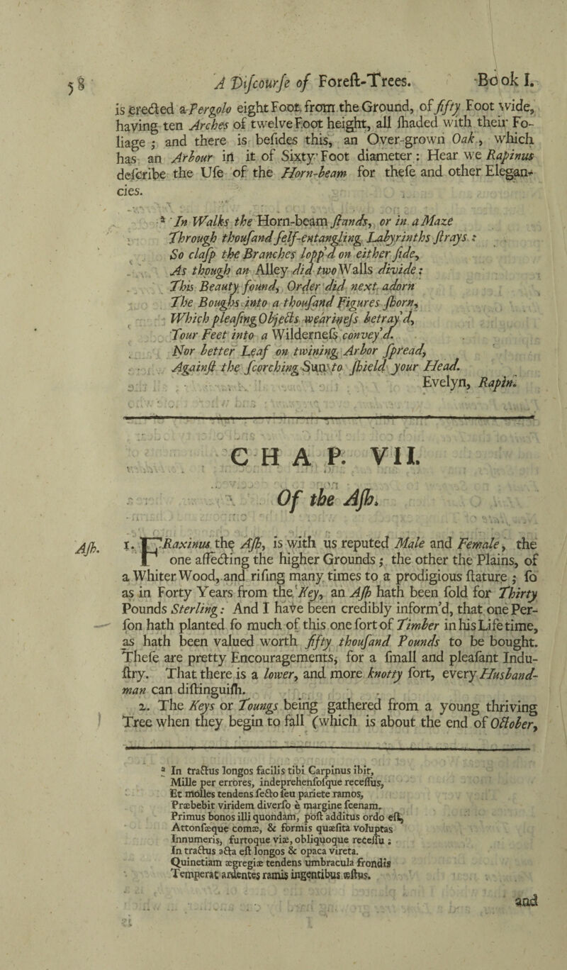 is ereded aTergolo eight Foot from, the Ground, of fifty Foot wide, having ten Arches of twelve Foot height, all fhaded with their Fo¬ liage ,* and there is befides this, an Over-grown Oak, which has an Arbour in it of Sixty’Foot diameter : Hear we Rapinus deferibe the Ufe of the Horn-beam for thefe and other Elegam cies. j •. ■ • • * i.. ■ a In Walks the Horn-beam ft an As, or in a Maze Through thoufandfelf entangling Labyrinths ft rays : So clafp the Branches lop ft d on either fide, As though an Alley did two Walls divide: This Beauty found. Order did nest: adorn The Boughs into a thoufand Figures fhorn. Which pleafing Objects wearinejs betray d. Tour Feet into a Wildernels con vey d. Nor better Leaf on twining Arbor fpread, Againft the fcorching Sunjhield your Head. Evelyn, Rapin'. \ « * * t lie., *. /; L; 5 • , \ \ ..r ■ \ '■ ' ... ' I'.. • » • - - * • * • * -J l • • * - »• l ; x . . . e H A P. VII. v ■ i.Vv . . . Of the Ajh, - f • • kx • xij'. *- • li i v  4 • . . V. 4 A < . * *» b, U TfiBaxinus the Ajh, is with us reputed Male and Female, the JP one affe&ing the higher Grounds ,* the other the Plains, of a Whiter Wood, and rifing many times to a prodigious flature ; fo as in Forty Years from the ViVy, an Ajh hath been fold for Thirty Pounds Sterling: And I have been credibly inform’d, that one Per- . fon hath planted fo much of this one fort of Timber in his Life time, as hath been valued worth fifty thoufand Founds to be bought. Thefe are pretty Encouragements* for a {mall and pleafant Indu- Itry. That there is a lower, and more knotty fort, every Husband¬ man can diftinguifh. z. The Keys or Toungs being gathered from a young thriving Tree when they begin to fall (which is about the end of Ottober> * In tra&us longos facilis tibi Carpinus iblr, Mille per errores, indeprehenfofque receflus, Et mdUes tendens fefto feu pariete ramos, Prsebebit viridem diverfo e margine fcenam. Primus bonos illi quondam, poft additus ordo eft, Attonfeque corns, & formis qusefita voluptas Innumeris, furtoque vise, obliquoque recelfu ; Tn trachis a&a eft longos & opaca vireta. Quinetiam segregise tendens umbracula frondis Temperat ardentes rami§ ingentibus «ftus. aod