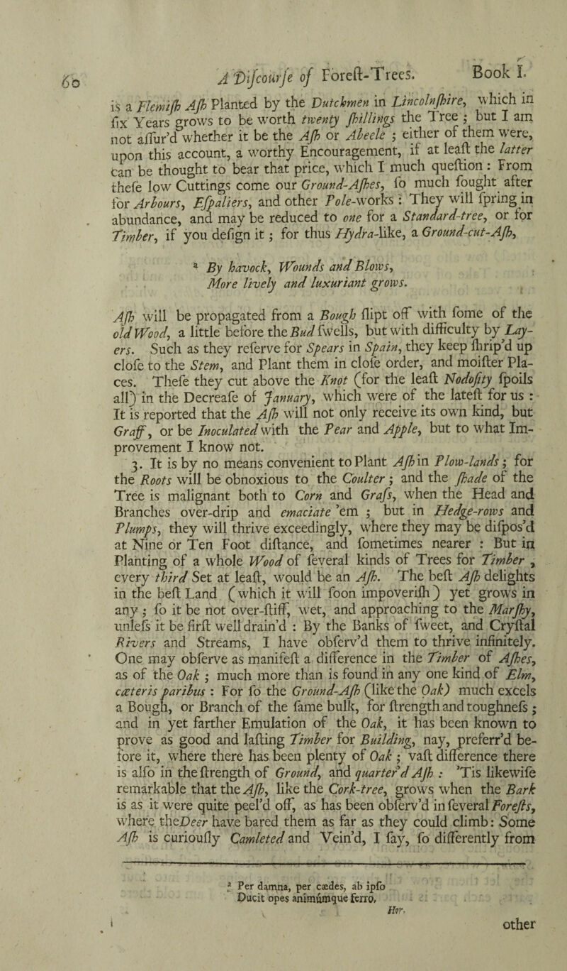 is a Flenufh AjhPlanted by the Dutchmen in Lincoln/hire, which in fix Years mows to be worth twenty Jkillings the 1 ree ; but I am not allur’d whether it be the Ajh or Aleele ; either of them were, upon this account, a worthy Encouragement, it at leaft the latter can be thought to bear that price, which I much queftion : From thefe low Cuttings come our Ground-AJhes, fo much fought after for Arbours, Ffpaliers, and other Pole-works : They will fpring in abundance, and may be reduced to one for a Standard-tree, or tor Timber, if you defign it; for thus Hydra-like, a Ground-cut-Ajh, a By havock, Wounds and Blows, More lively and luxuriant grows. Ajh will be propagated from a Bough llipt off with fome of the old Wood, a little before the Bud fwells, but with difficulty by Lay¬ ers. Such as they referve for Spears in Spain, they keep fhrip’d up clofe to the Stem, and Plant them in dole order, and moilter Pla¬ ces. Thefe they cut above the Knot (for the leaft Nodofity fpoils all) in the Decreafe of January, which were of the lateft for us : It is reported that the Ajh will not only receive its owrn kind, but Graff, or be Inoculated with the Tear and Apple, but to what Im¬ provement I know not. 3. It is by no means convenient to Plant Ajh in. Plow-lands; for the Roots will be obnoxious to the Coulter; and the jhade of the Tree is malignant both to Corn and Grafs, when the Head and Branches over-drip and emaciate ’em ; but in Hedge-rows and Tlumps, they will thrive exceedingly, where they may be difpos’d at Nine or Ten Foot dillance, and fometimes nearer : But in Planting of a whole Wood of feveral kinds of Trees for Timber , every third Set at leaf:, would be an Ajh. The bell Ajh delights in the belt Land (which it will foon impoverilh) yet grows in any ,* fo it be not over-ltiff, wet, and approaching to the Marjhy, unlefs it be frit well drain’d : By the Banks of fweet, and Cryftal Rivers and Streams, I have obferv’d them to thrive infinitely. One may obferve as manifelt a difference in the Timber of Ajhes, as of the Oak ; much more than is found in any one kind of Elm, cceteris paribus : For fo the Ground-Ajh (like the Oak) much excels a Bough, or Branch of the fame bulk, for flrength and toughnefs ; and in yet farther Emulation of the Oak, it has been known to prove as good and lafting Timber for Building, nay, preferr’d be¬ fore it, where there has been plenty of Oak ; vaft difference there is alfo in the flrength of Ground, and quarter d Ajh : ’Tis likewife remarkable that the Ajh, like the Cork-tree, grows when the Bark is as it were quite peel’d off, as has been obferv’d in feveral Forefls, where thejCtor have bared them as far as they could climb: Some Ajh is curioully Camleted and Vein’d, I fay, fo differently from 5 Per damna, per caedes, ab ipfo Ducit opes animumque ferro. Hvr, other