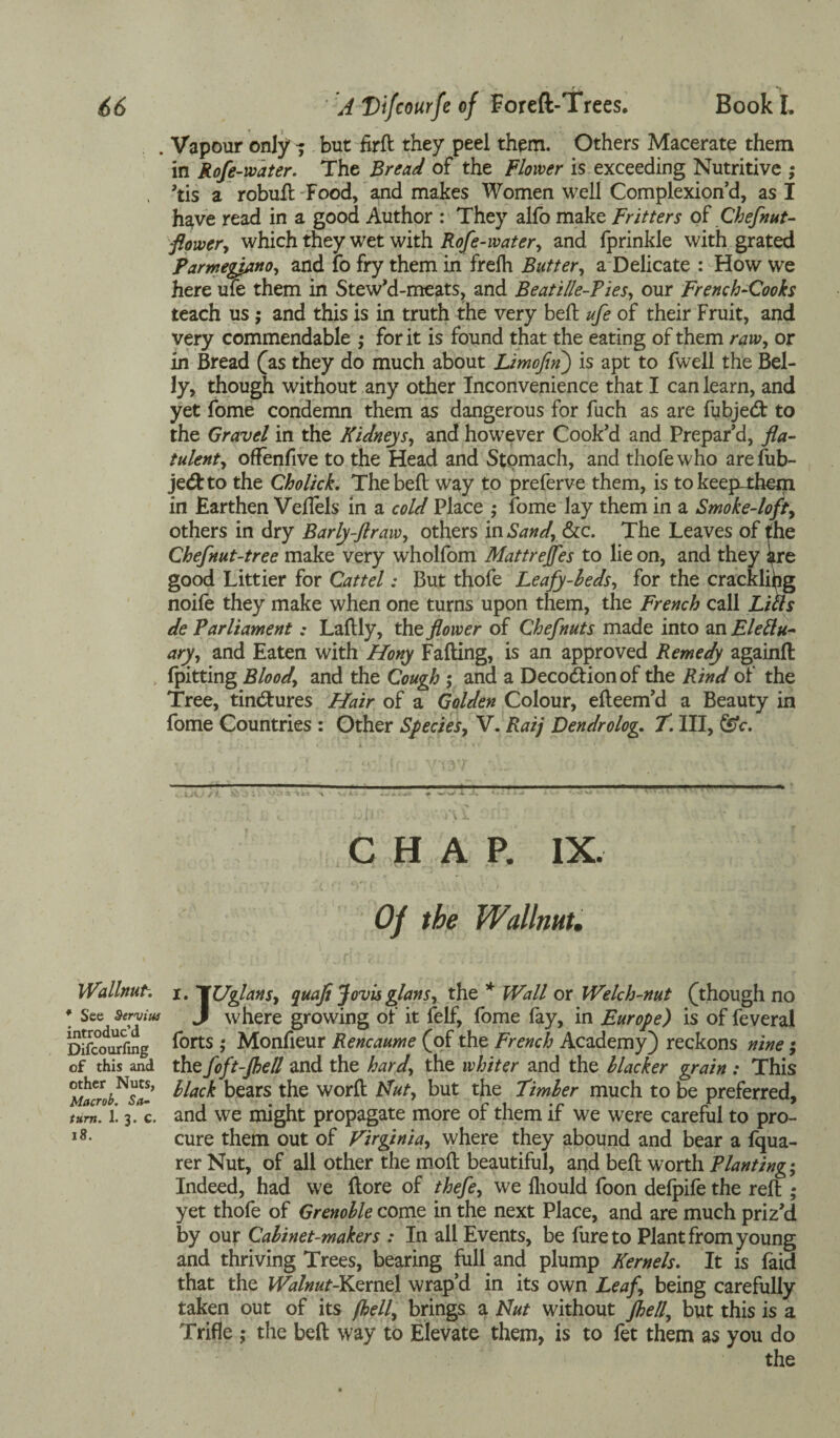Wallnut. * See Serviut introduc’d Difcourfmg of this and other Nuts, Macrob. Sa¬ turn. 1. 3. c. 18. Vapour only ? but firft they peel them. Others Macerate them in Rofe-water. The Bread of the Flower is exceeding Nutritive ; Jtis a robuft Food, and makes Women well Complexion’d, as I have read in a good Author : They alfo make Fritters of Chefnut- flower, which they wet with Rofe-water, and fprinkle with grated Parmegflmo, and fo fry them in frelh Butter, a Delicate : How we here ufe them in Stew’d-meats, and Beatille-Ties, our French-Cooks teach us; and this is in truth the very belt ufe of their Fruit, and very commendable ; for it is found that the eating of them raw, or in Bread (as they do much about Limofln) is apt to fwell the Bel¬ ly, though without any other Inconvenience that I can learn, and yet fome condemn them as dangerous for fuch as are fubjed to the Gravel in the Kidneys, and however Cook'd and Prepar’d, fla¬ tulent, ofFenfive to the Head and Stomach, and thofewho are fub¬ jed to the Cholick. The bell way to preferve them, is tokeep-them in Earthen Veflels in a cold Place ; fome lay them in a Smoke-loft, others in dry Barly-ftraw, others in Sand, &c. The Leaves of the Chefnut-tree make very wholfom Mattrejfes to lie on, and they ^tre good Littier for Cattel: But thofe Leafy-leds, for the cracklihg noile they make when one turns upon them, the French call Lias de Parliament: Laflly, th z flower of Chef nuts made into an Electu¬ ary, and Eaten with Hony Falling, is an approved Remedy againfl fpitting Blood, and the Cough ; and a Decodion of the Rind of the Tree, tindures Hair of a Golden Colour, elleem’d a Beauty in fome Countries : Other Species, V. Raij Dendrolog. T. Ill, §5V. CHAP. IX. Of the Wallnut. 1. TUglans, quaji Jovis glans, the * Wall or Welch-nut (though no J where growing of it felf, fome fay, in Europe) is of feveral forts ; Monfieur Rencaume (of the French Academy) reckons nine; the foft-Jhell and the hard, the whiter and the Hacker grain : This Hack bears the word Nut, but the Timber much to be preferred, and we might propagate more of them if we were careful to pro¬ cure them out of Virginia, where they abound and bear a fqua- rer Nut, of all other the moll beautiful, and bell worth Planting; Indeed, had we llore of ihefe, we Ihould foon defpife the reft ; yet thofe of Grenoble come in the next Place, and are much priz’d by our Cabinet-makers : In all Events, be fureto Plant from young and thriving Trees, bearing full and plump Kernels. It is laid that the Walnut-Kernel wrap’d in its own Leaf, being carefully taken out of its fhell, brings a Nut without Jhell, but this is a Trifle ; the bell way to Elevate them, is to fet them as you do the